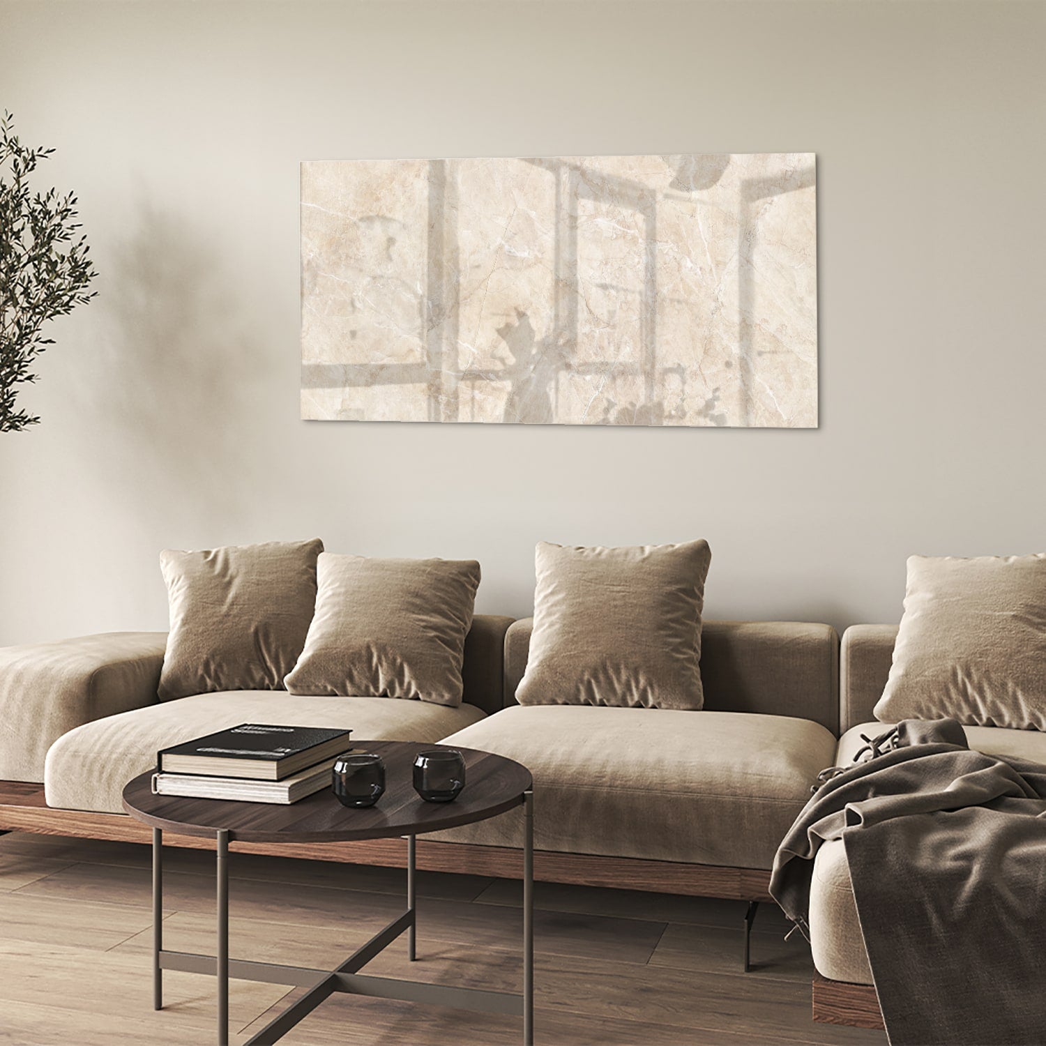 Een elegant glazen schilderij met natuurlijke tinten, perfect voor sfeervolle woonruimtes.