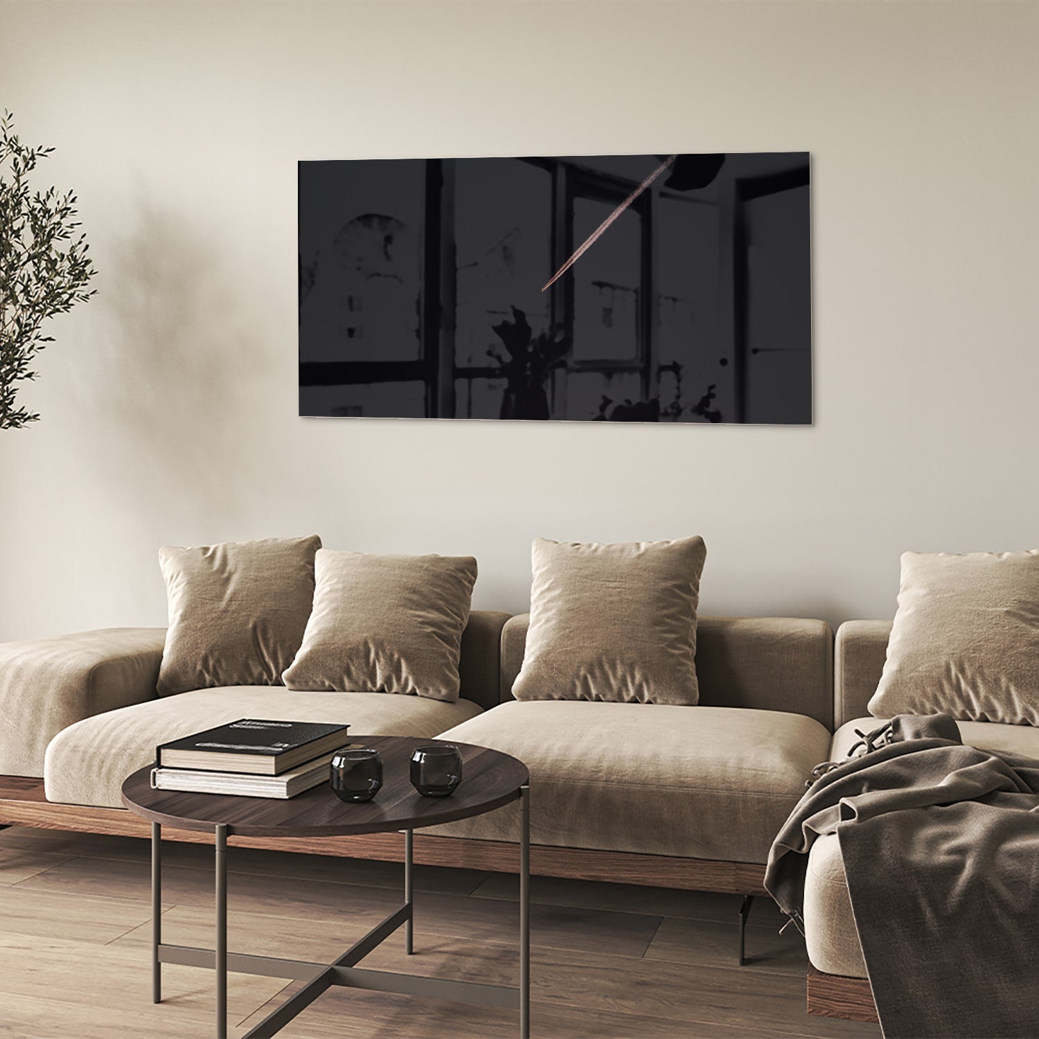 Modern glazen schilderij met zwarte achtergrond, geschikt voor stijlvolle interieurs.