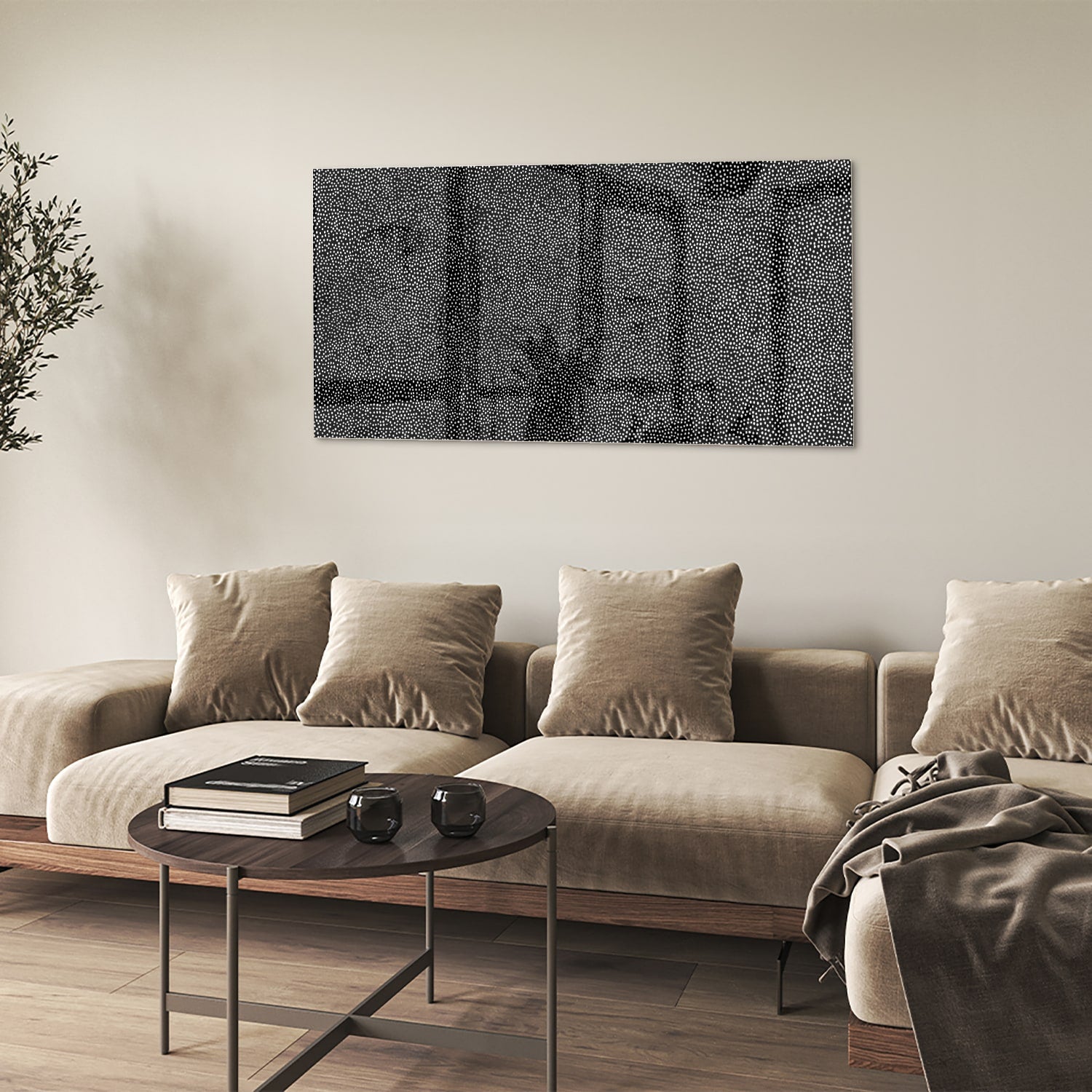 Abstract glazen schilderij in zwart-wit aan de muur
