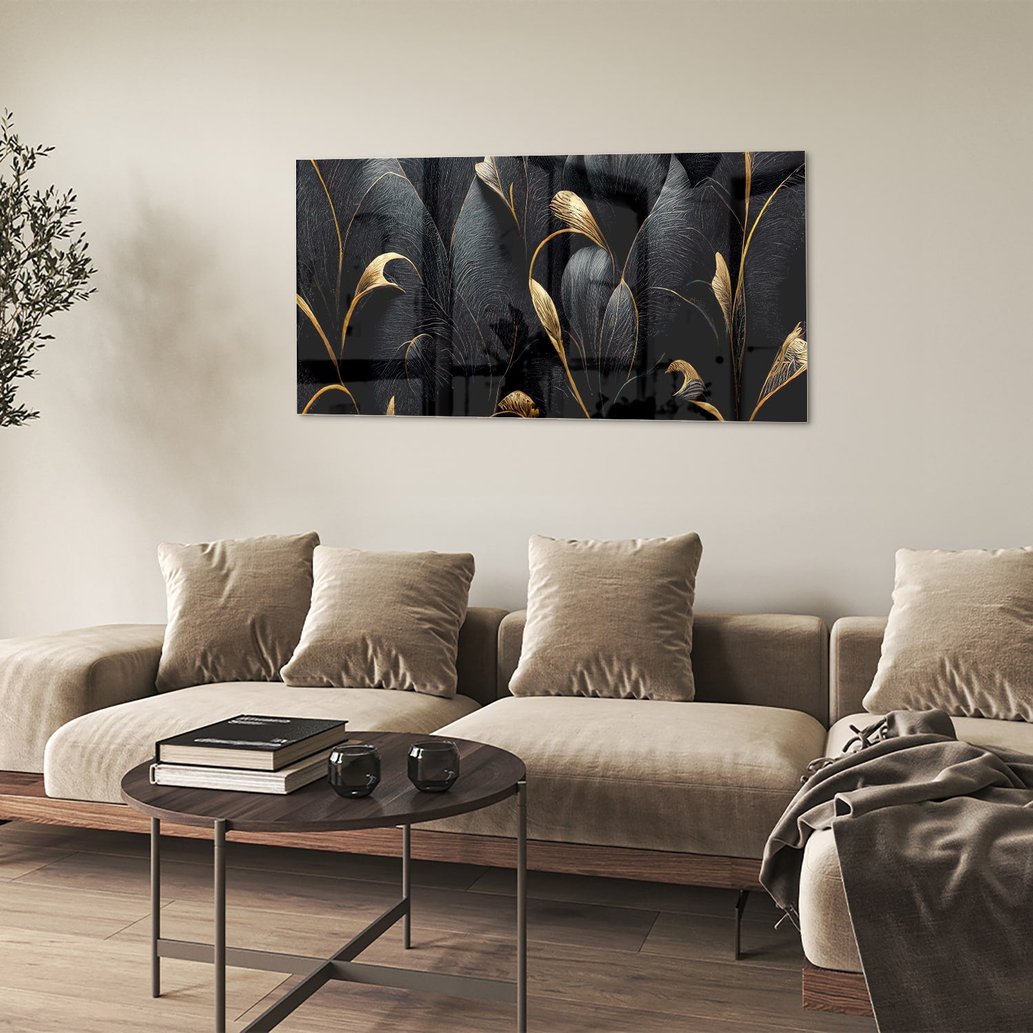 Glazen schilderij met gouden bladeren op een zwarte achtergrond, perfect voor interieur decoratie.