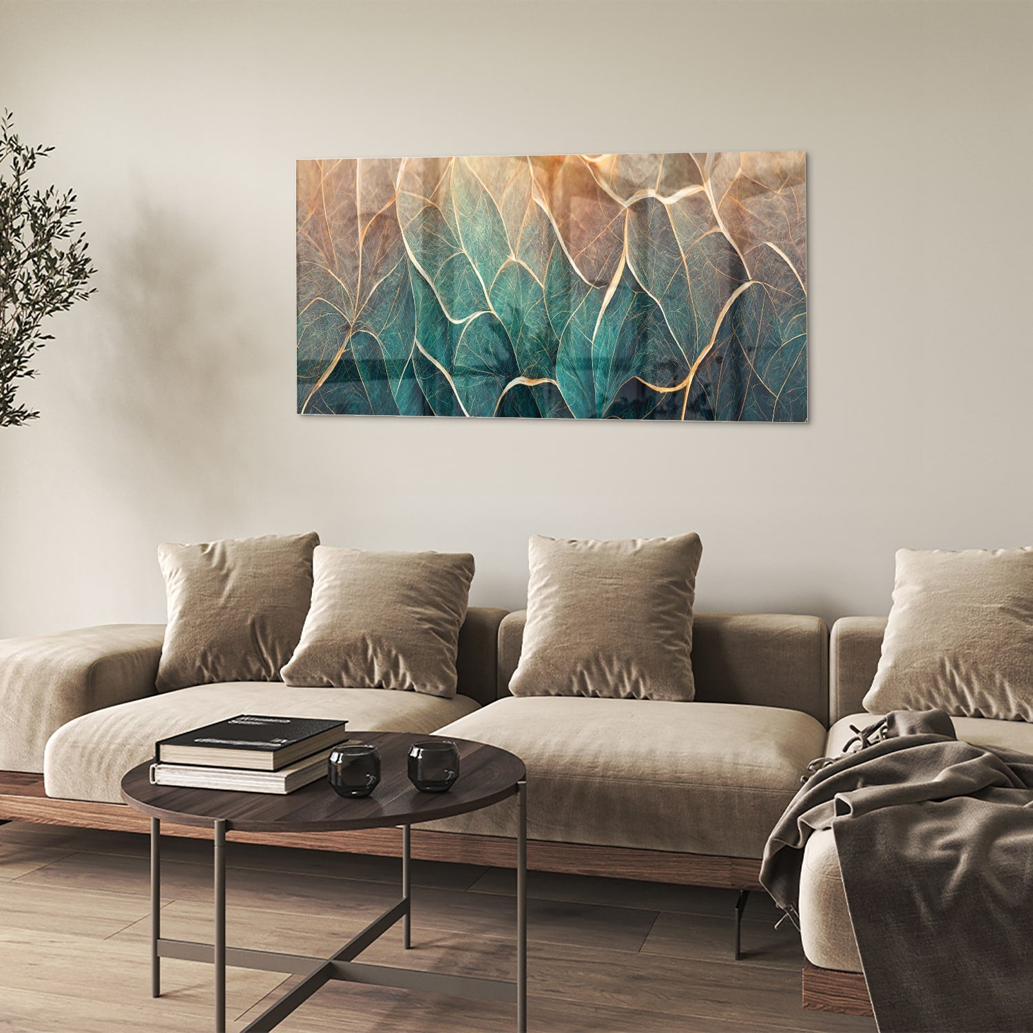 Prachtig glazen schilderij met bladeren in turquoise en gouden lijnen.