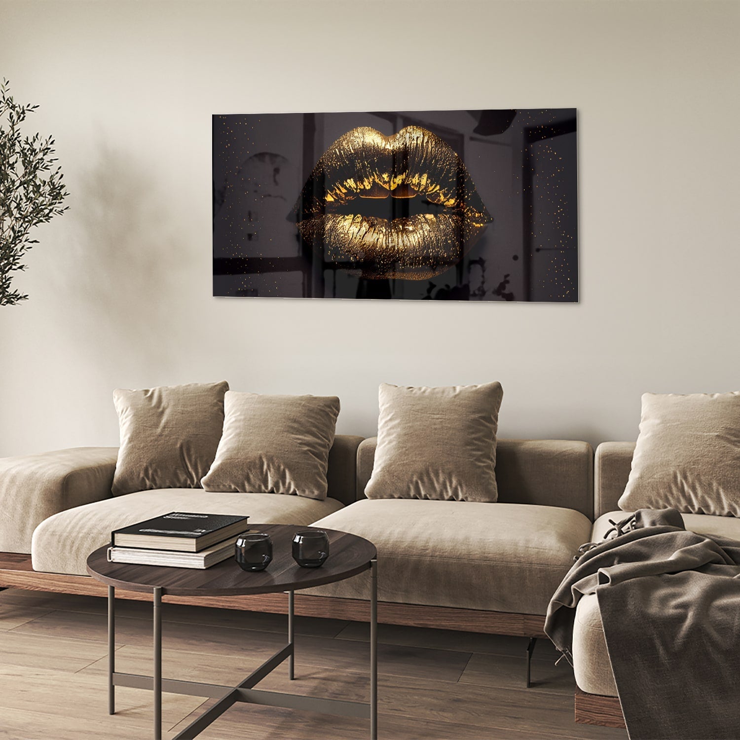 Glazen schilderij met gouden lippen, elegant voor in de woonkamer.