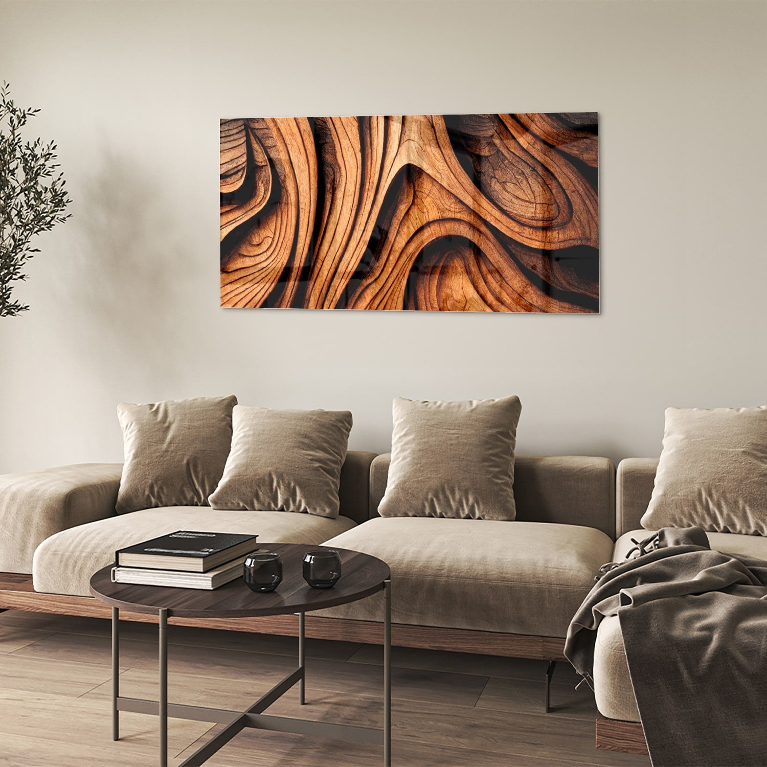 Glas schilderij met houtstrukturen in warme tinten, perfect voor wanddecoratie.