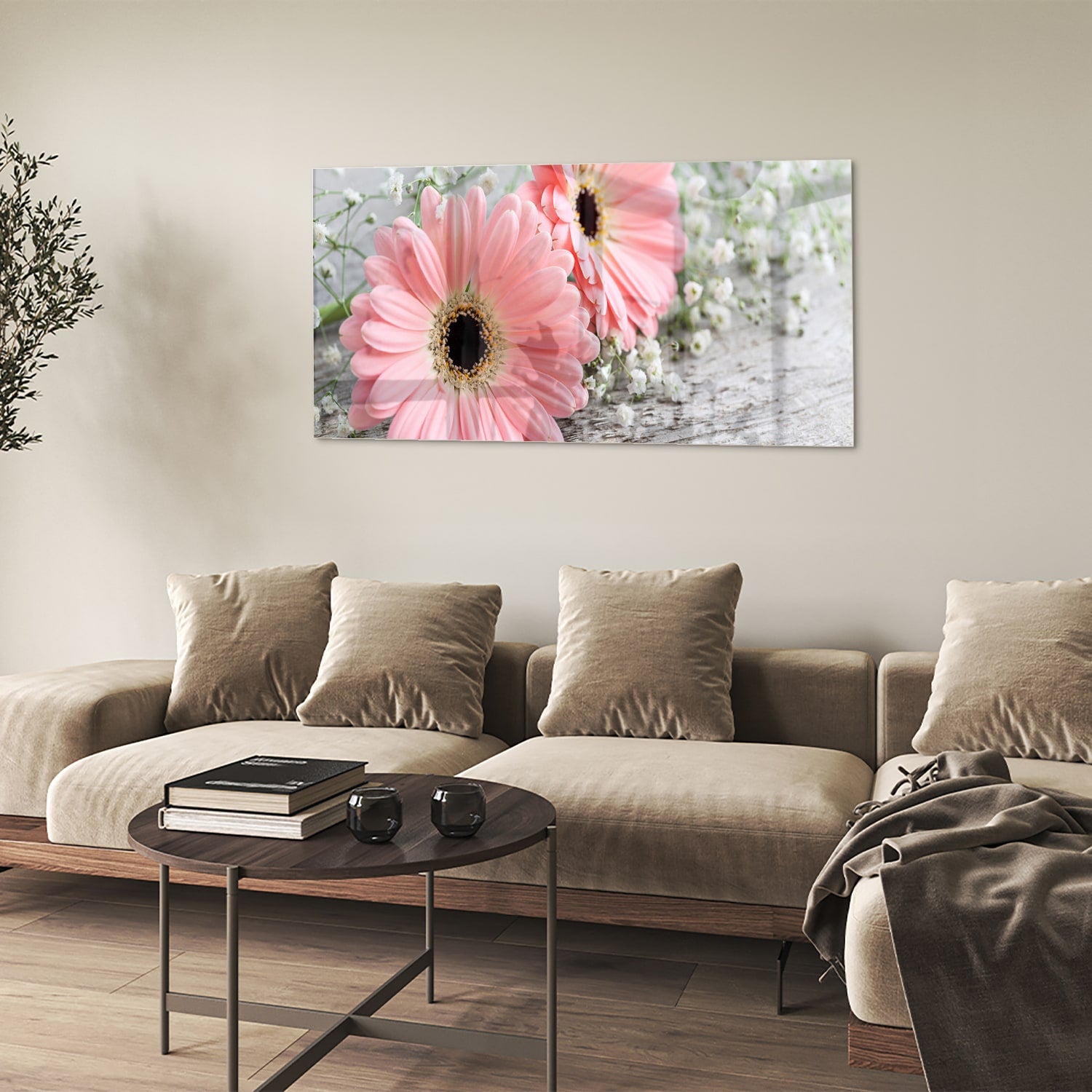 Roze gerbera's op een glazen schilderij, ideaal voor je woonkamer
