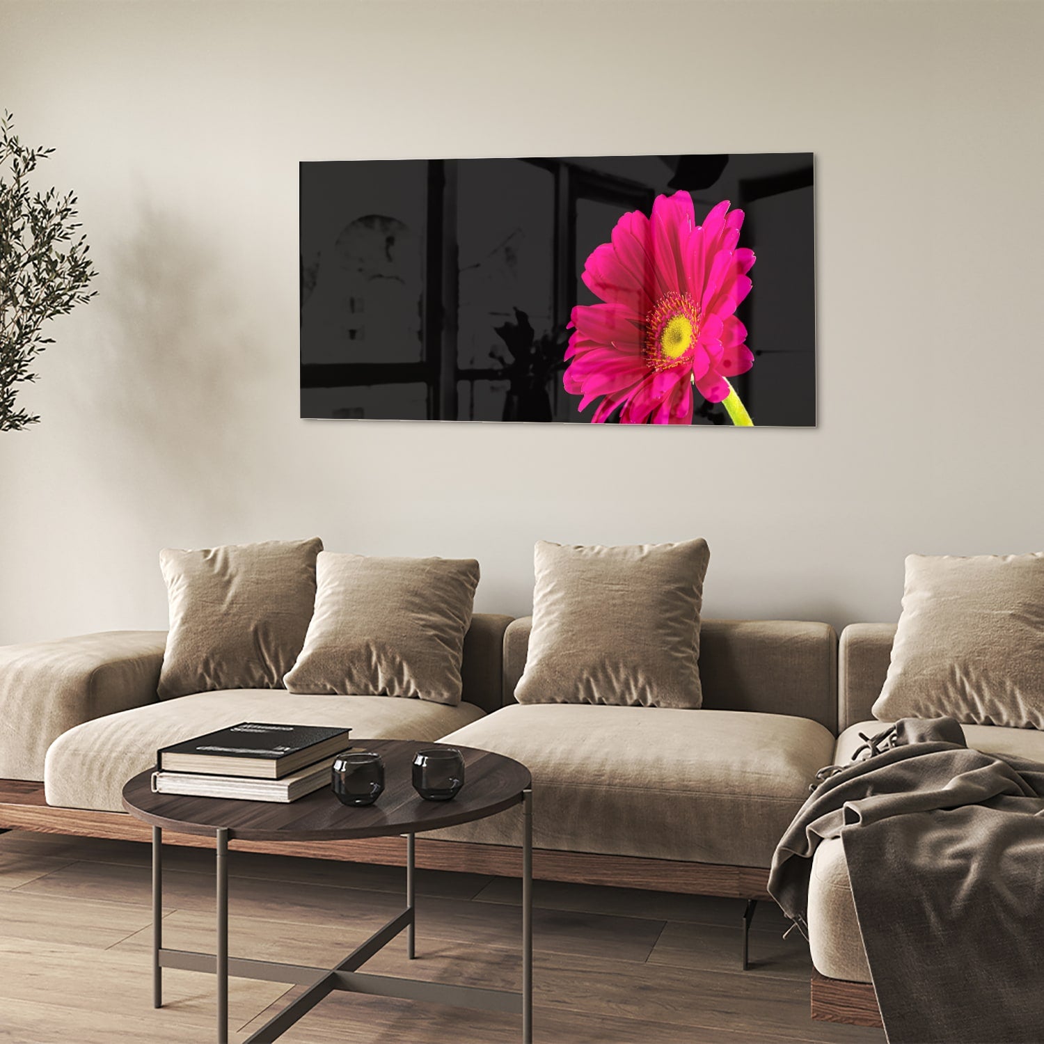 Glazen schilderij van een roze gerbera op zwarte achtergrond, perfect voor decoratie