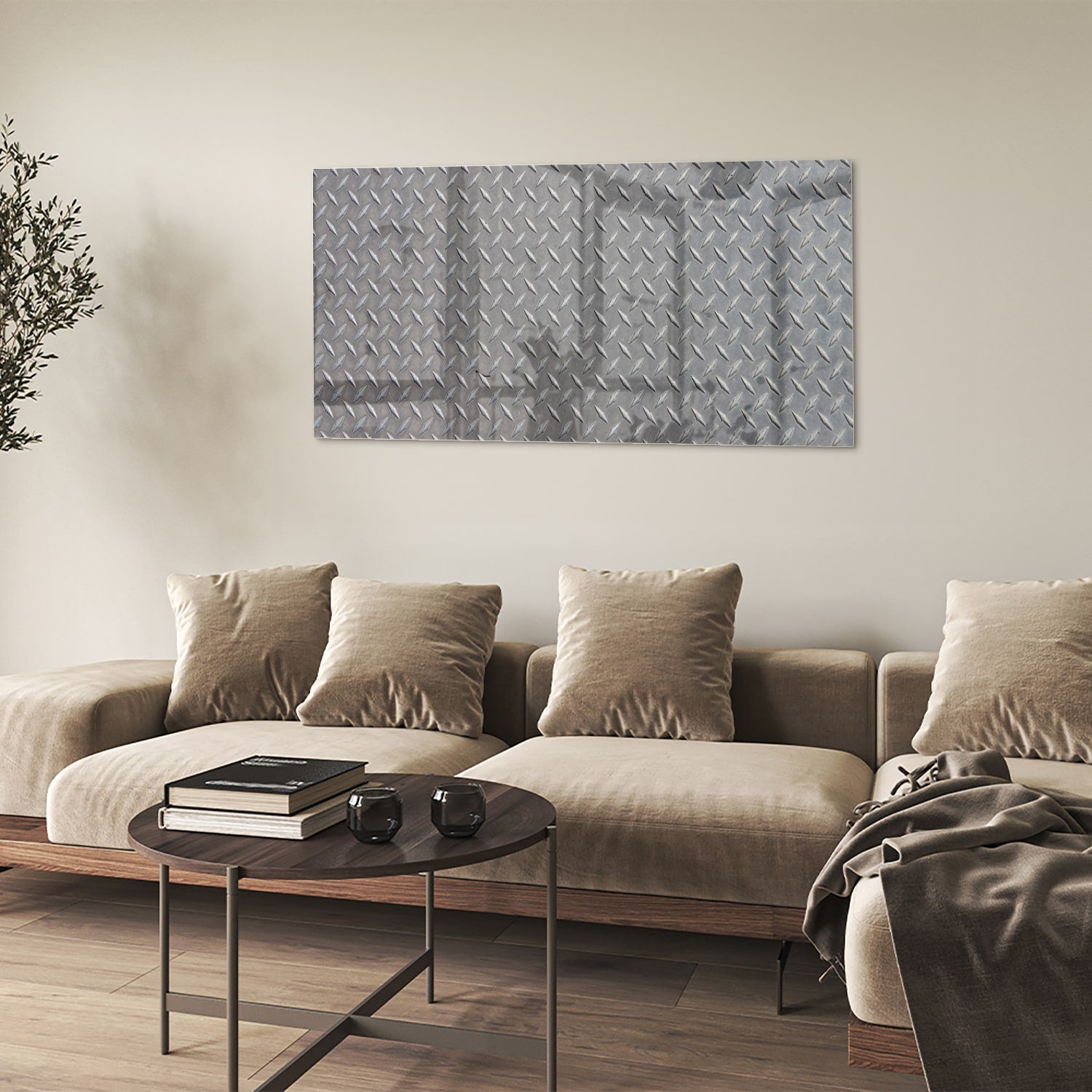 Industrile glazen schilderij met ruitpatroon aan de muur in een modern interieur.