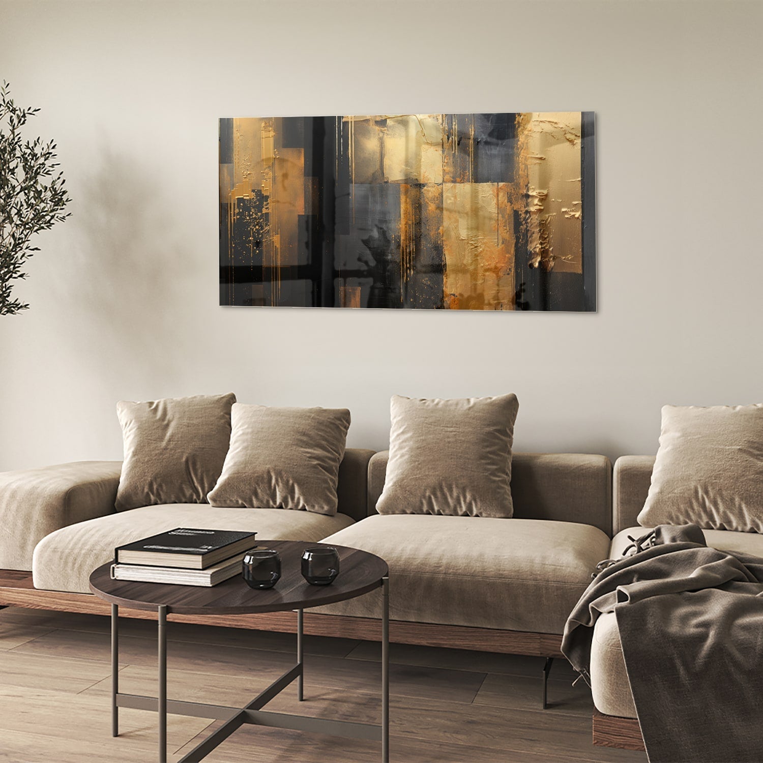 Abstract glazen schilderij in goud en zwart, perfect voor moderne interieurs.