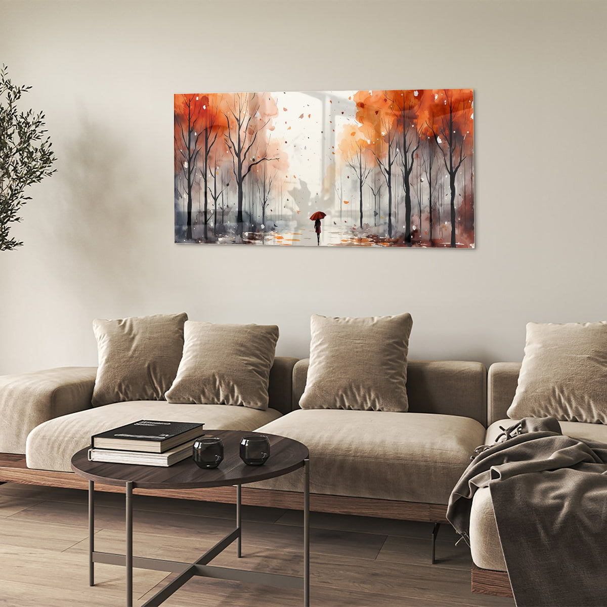 Glazen schilderij van een herfstlandschap met een wandelaar en kleurrijke bomen.