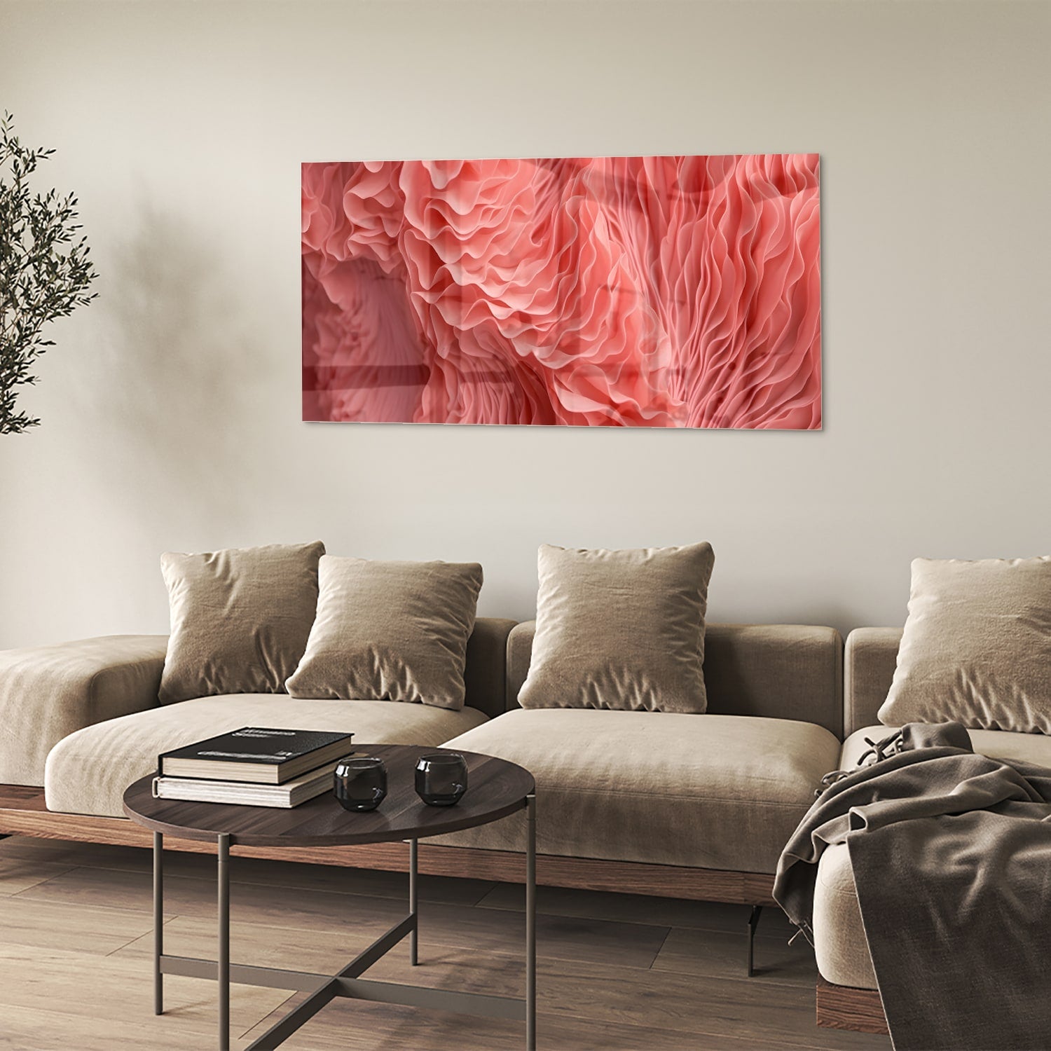 Abstract glazen schilderij in roze met golvende patronen, perfect voor wanddecoratie.