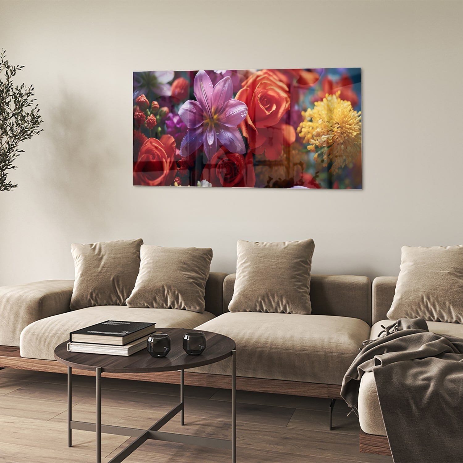 Kleurrijk glazen schilderij met een prachtige bloemencompositie.