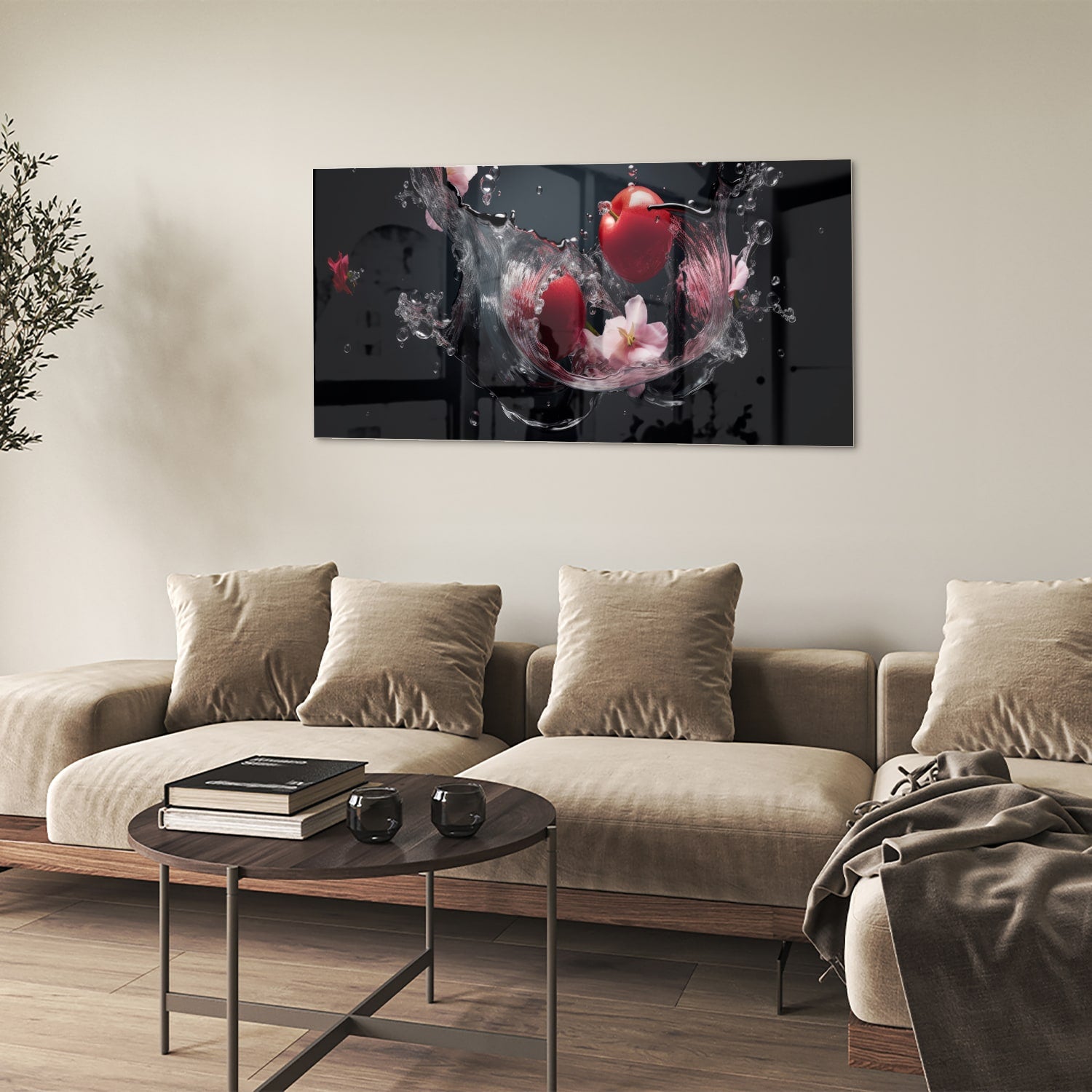 Glazen schilderij met roze bloemen en waterdruppels op een zwarte achtergrond.