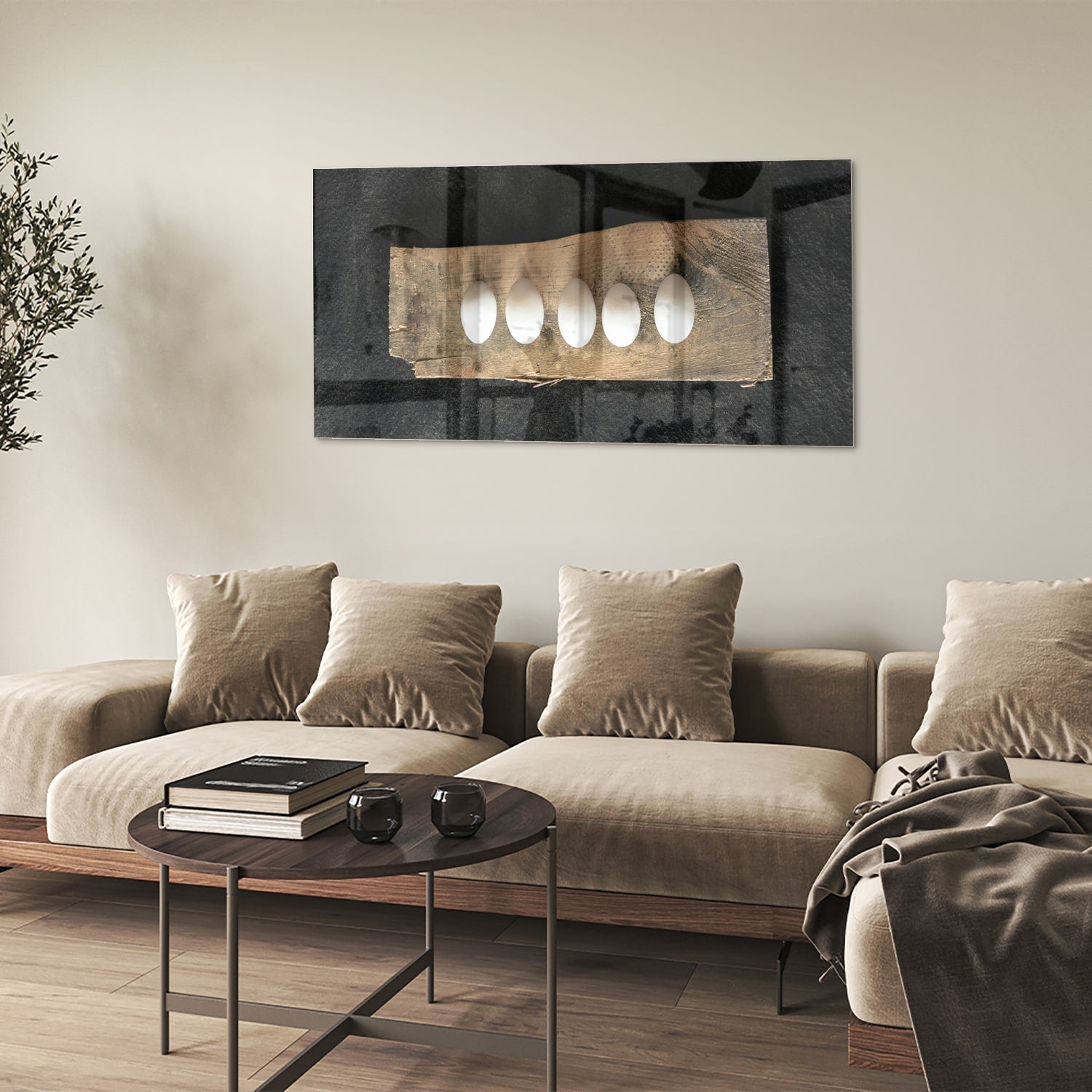 Elegant glazen schilderij met vier lichtpunten, perfect voor moderne interieurs.