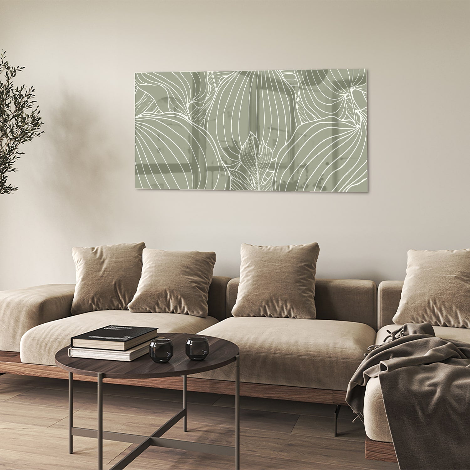 Glazen schilderij met lijnen in aardetinten aan de muur, stijlvolle woonkamer