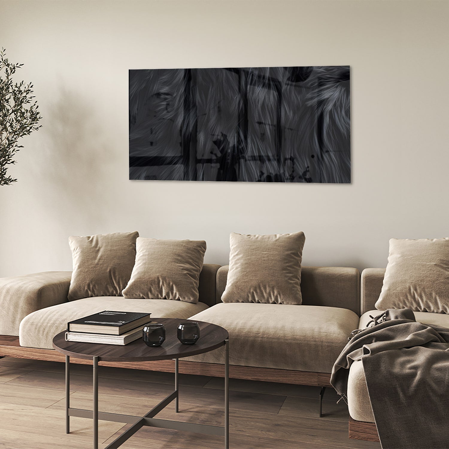 Zwart glazen schilderij met abstracte patronen aan de muur
