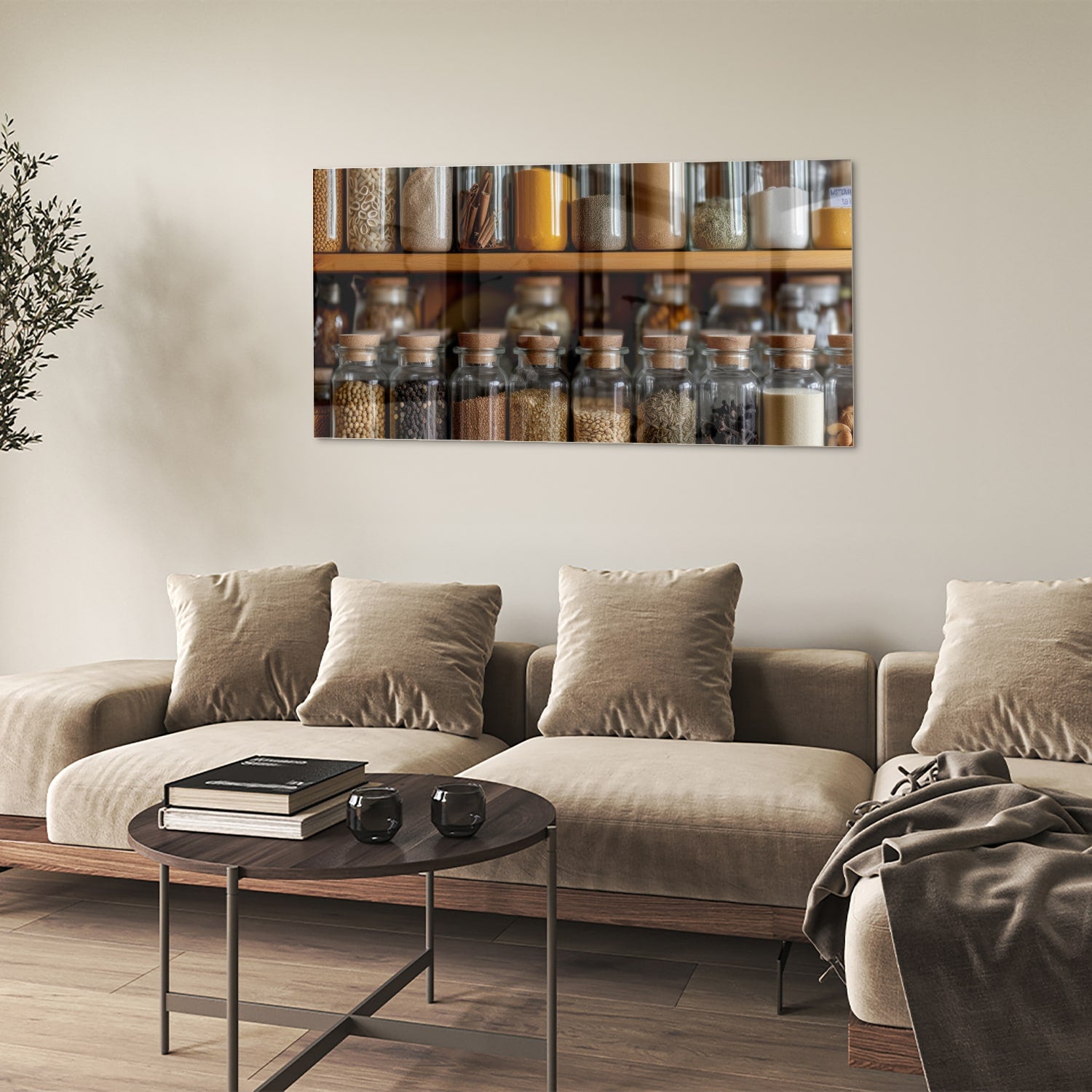 Glazen schilderij met een houten plank vol Mason jars gevuld met specerijen.