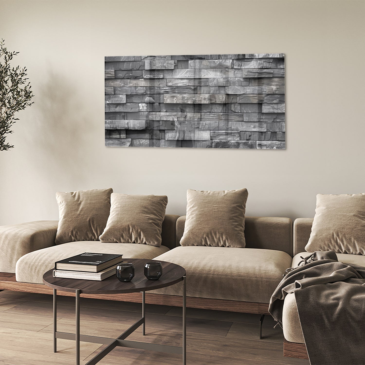 Moderne glazen schilderij met grijze texturen aan een lichte muur.