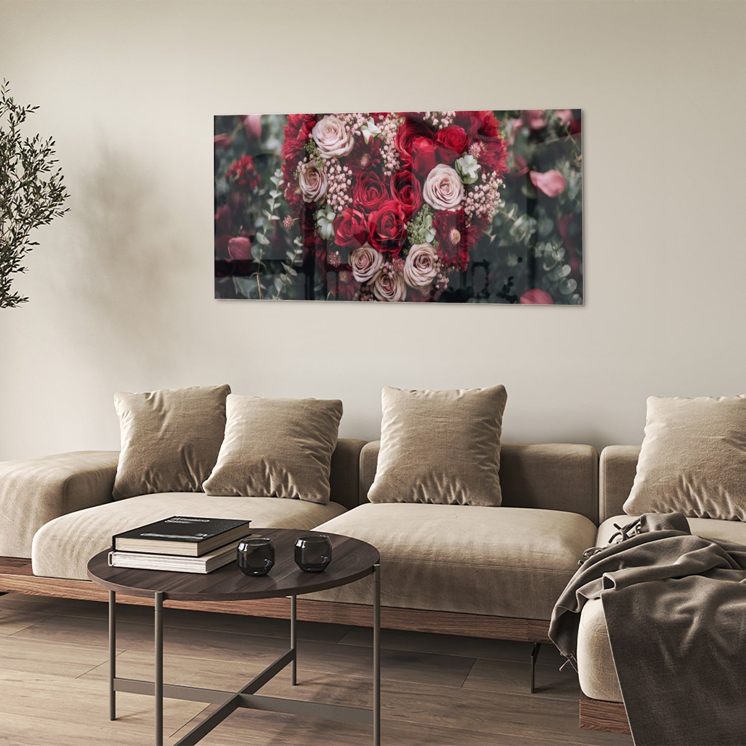 Glazen schilderij met hartvormige bloemmotieven in rood en roze