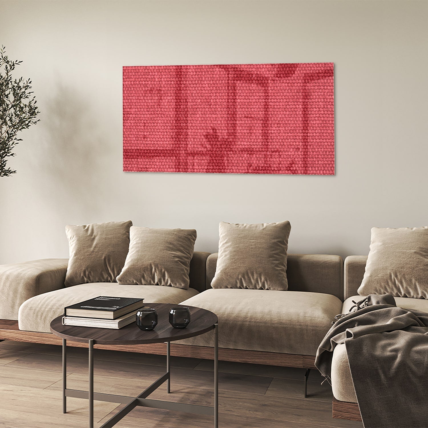 Modern glazen schilderij in helder rood aan de muur boven een licht houten kast.