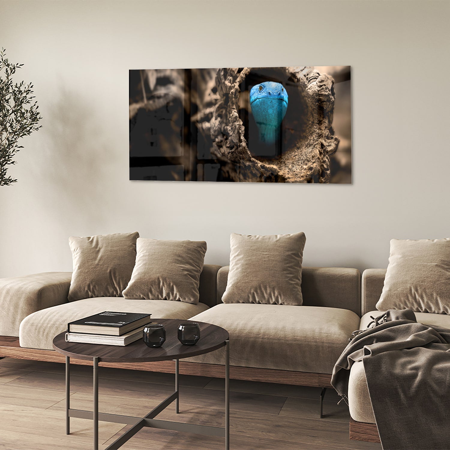 Glas schilderij met een blauwe parel in een nest, stijlvol en modern.