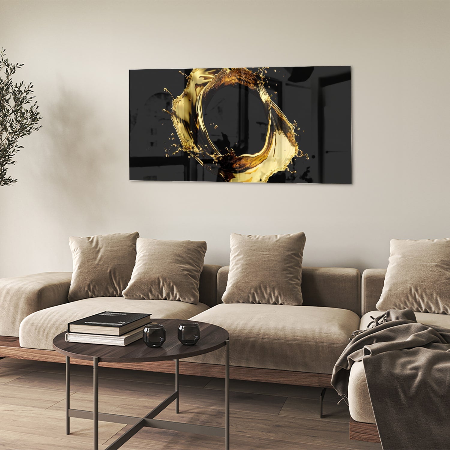 Luxe glazen schilderij met gouden spatten op zwarte achtergrond