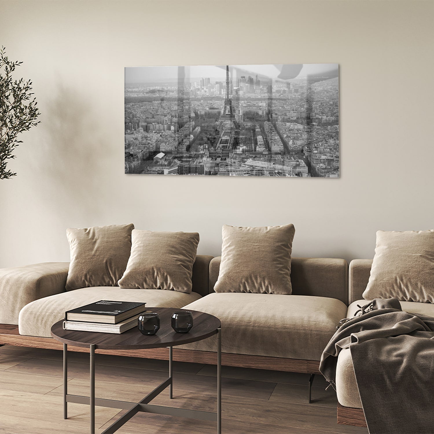 Zwart-wit glazen schilderij met uitzicht op de Eiffeltoren in Parijs