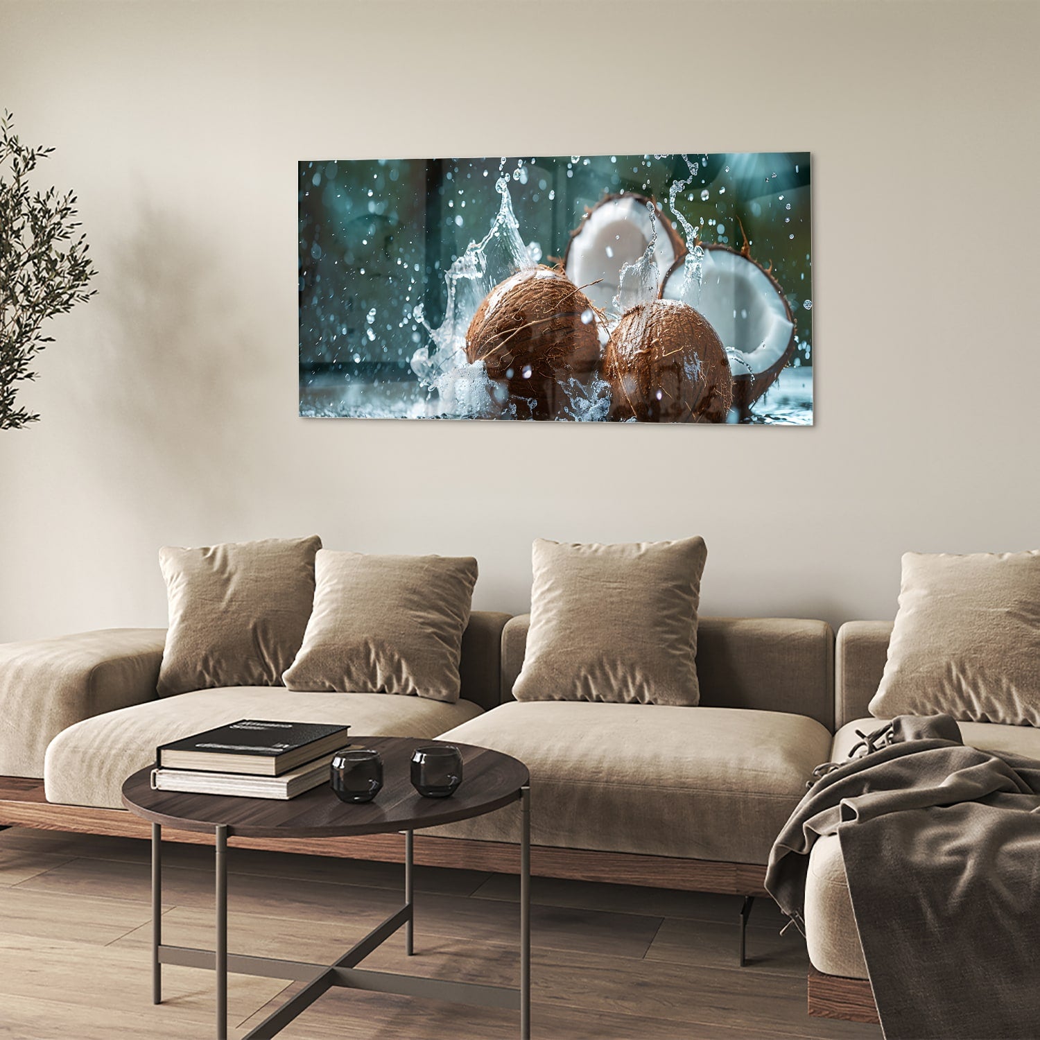 Glas schilderij van kokosnoten met spetters water, perfect voor wanddecoratie.