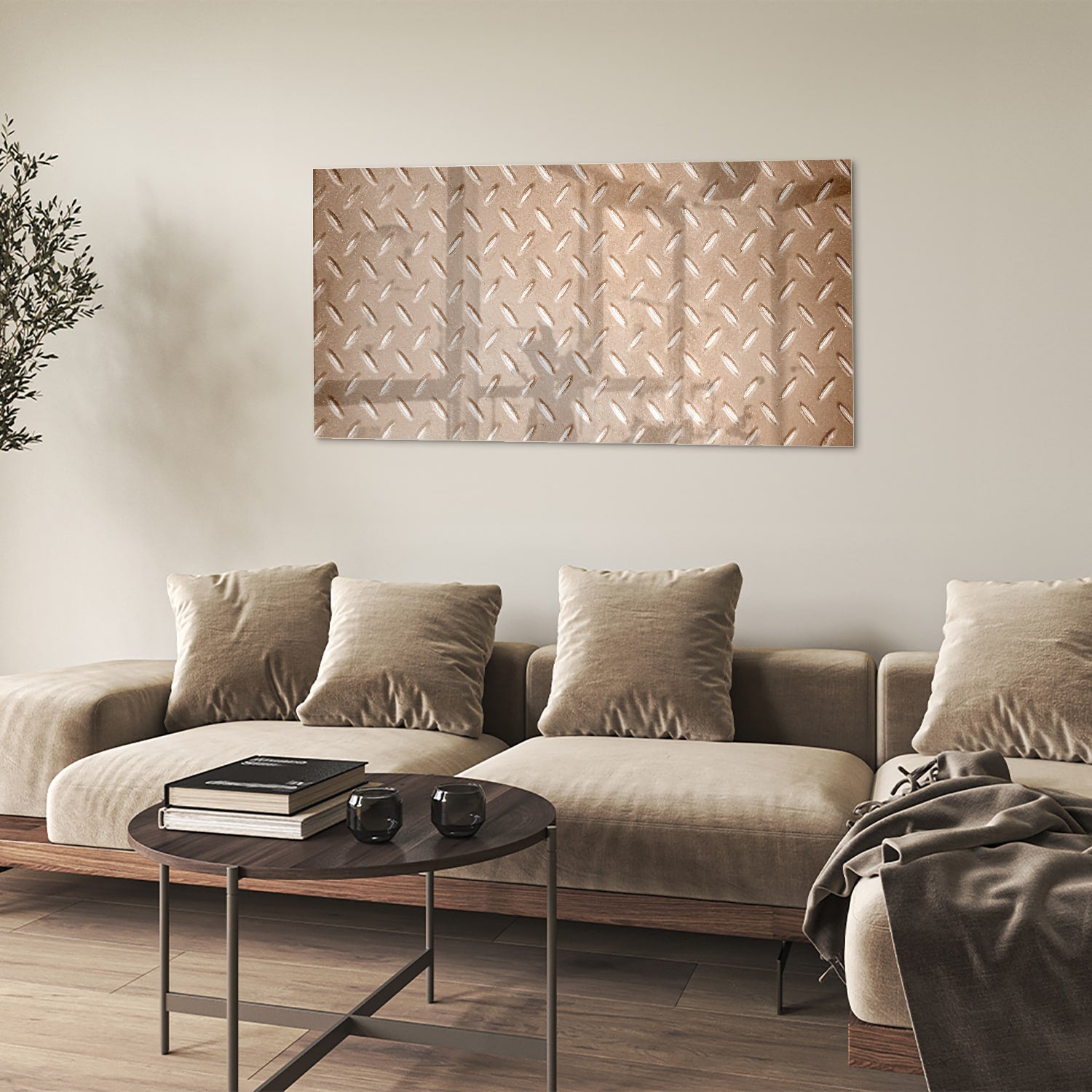 Glazen schilderij met een geometrisch patroon aan de muur in een stijlvolle kamer.