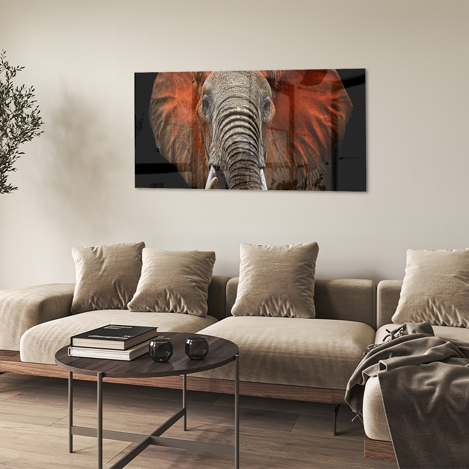Glazen schilderij van een olifant met kleurrijke oren, prachtig voor aan de muur.