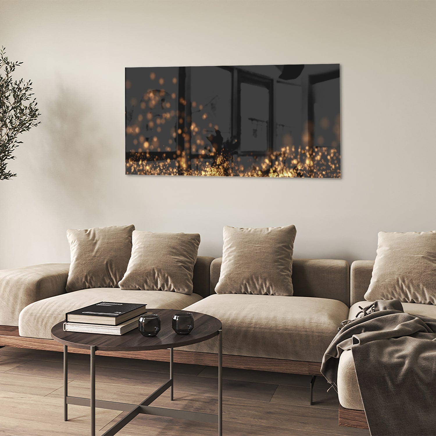 Glazen schilderij met gouden lichtpuntjes op een zwart vlak, ideaal voor moderne interieurs.