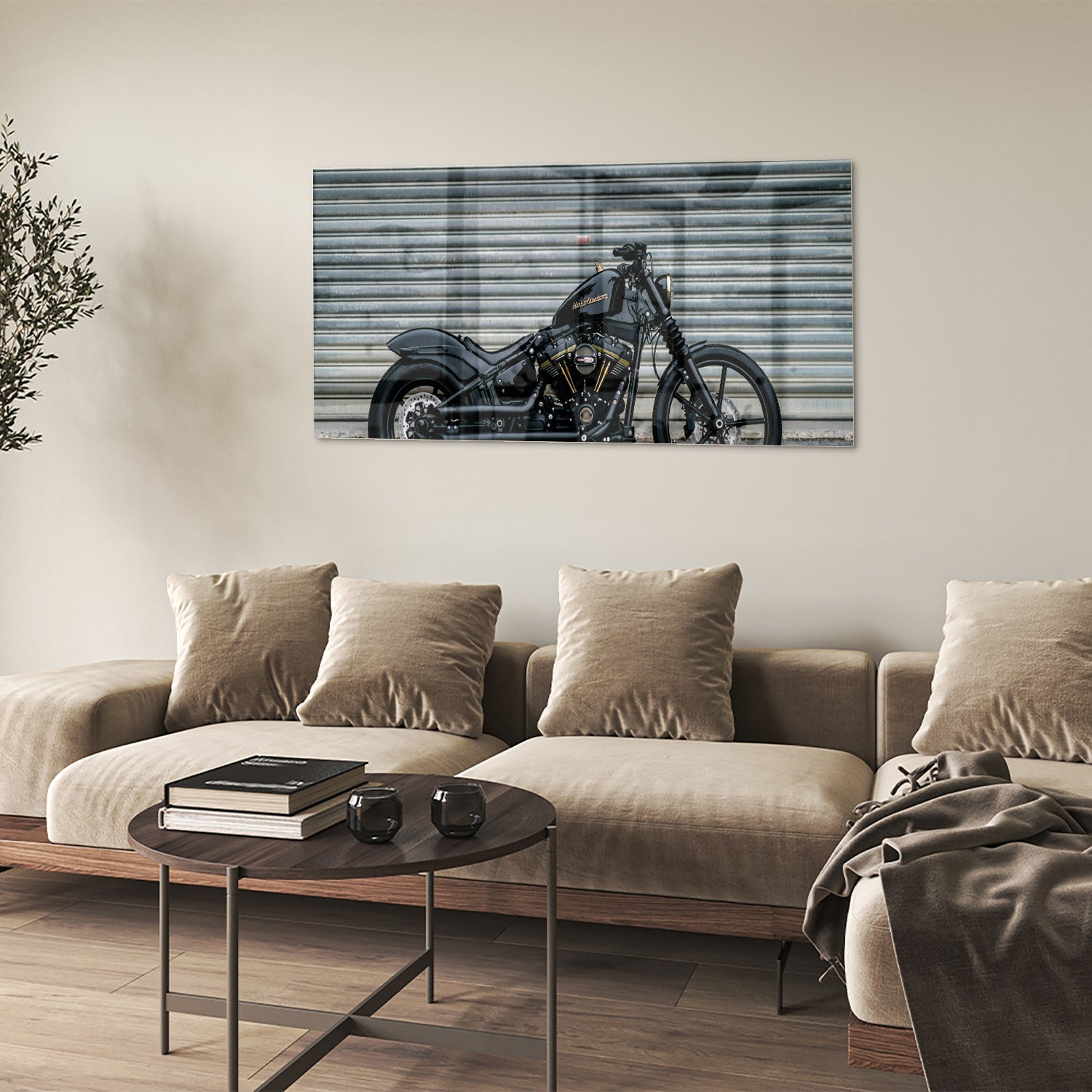 Glazen schilderij van een motor, perfect voor wanddecoratie in een modern interieur.