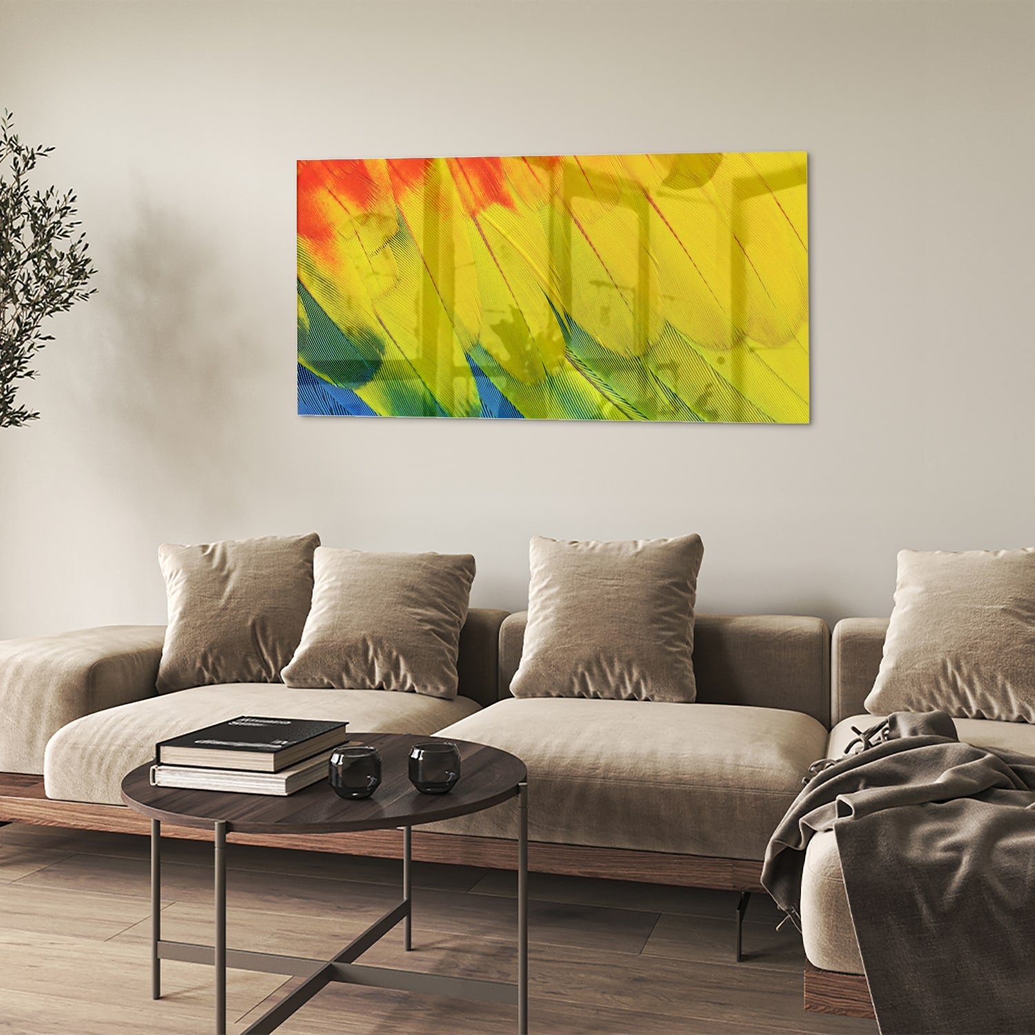 Abstract glazen schilderij met kleurrijke golven in rood, geel en blauw