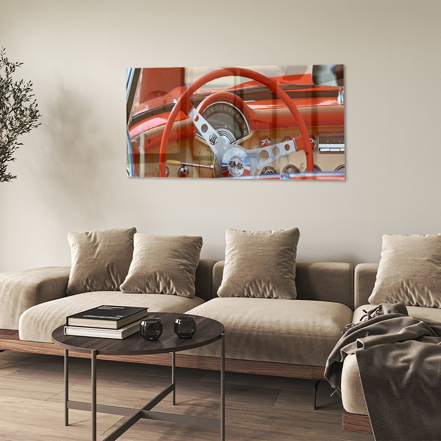 Glazen schilderij van een retro auto interieur met een rood stuur