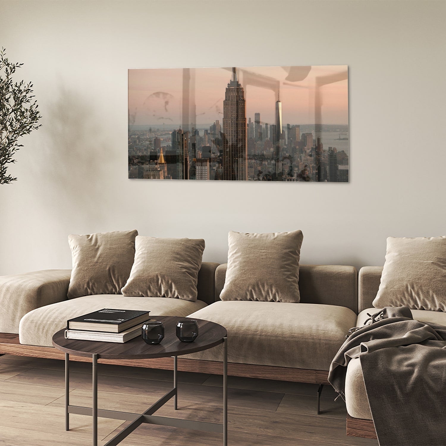 Glazen schilderij van de Empire State Building met een mooie zonsondergang