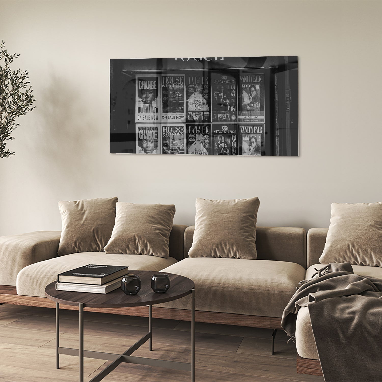 Glazen schilderij van Vogue met modecovers in modern interieur