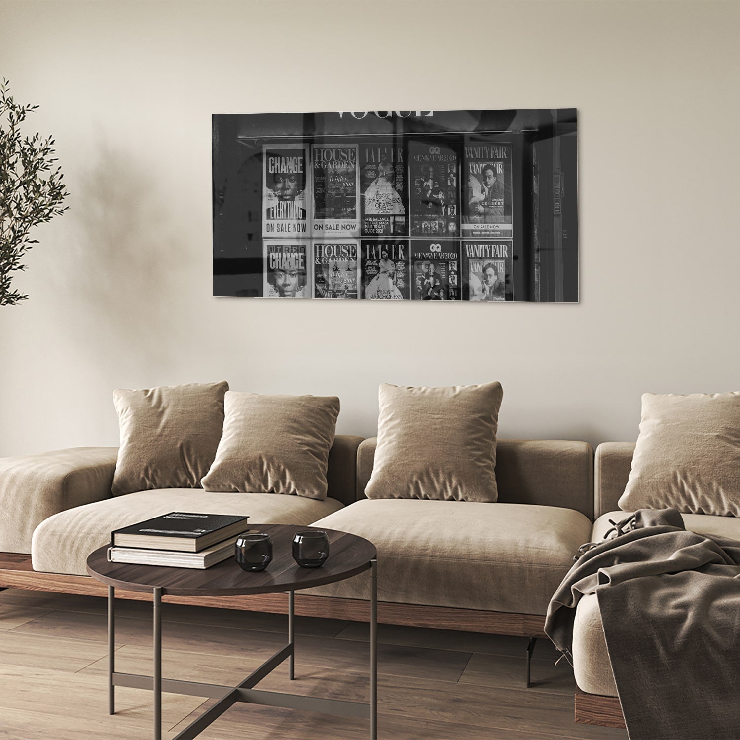 Glazen schilderij van Vogue met modecovers in modern interieur