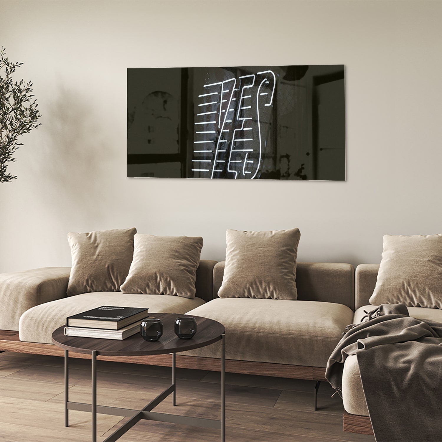Glazen schilderij met 'YES' text in zwart en wit, hangend aan de muur.