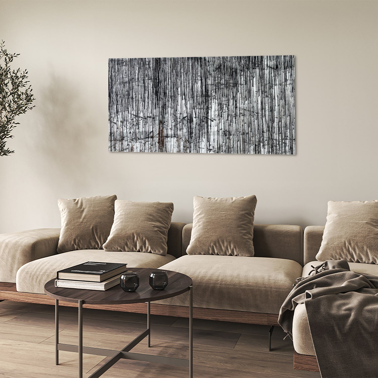 Minimalistisch glazen schilderij met een boslandschap, perfect voor moderne interieurs.