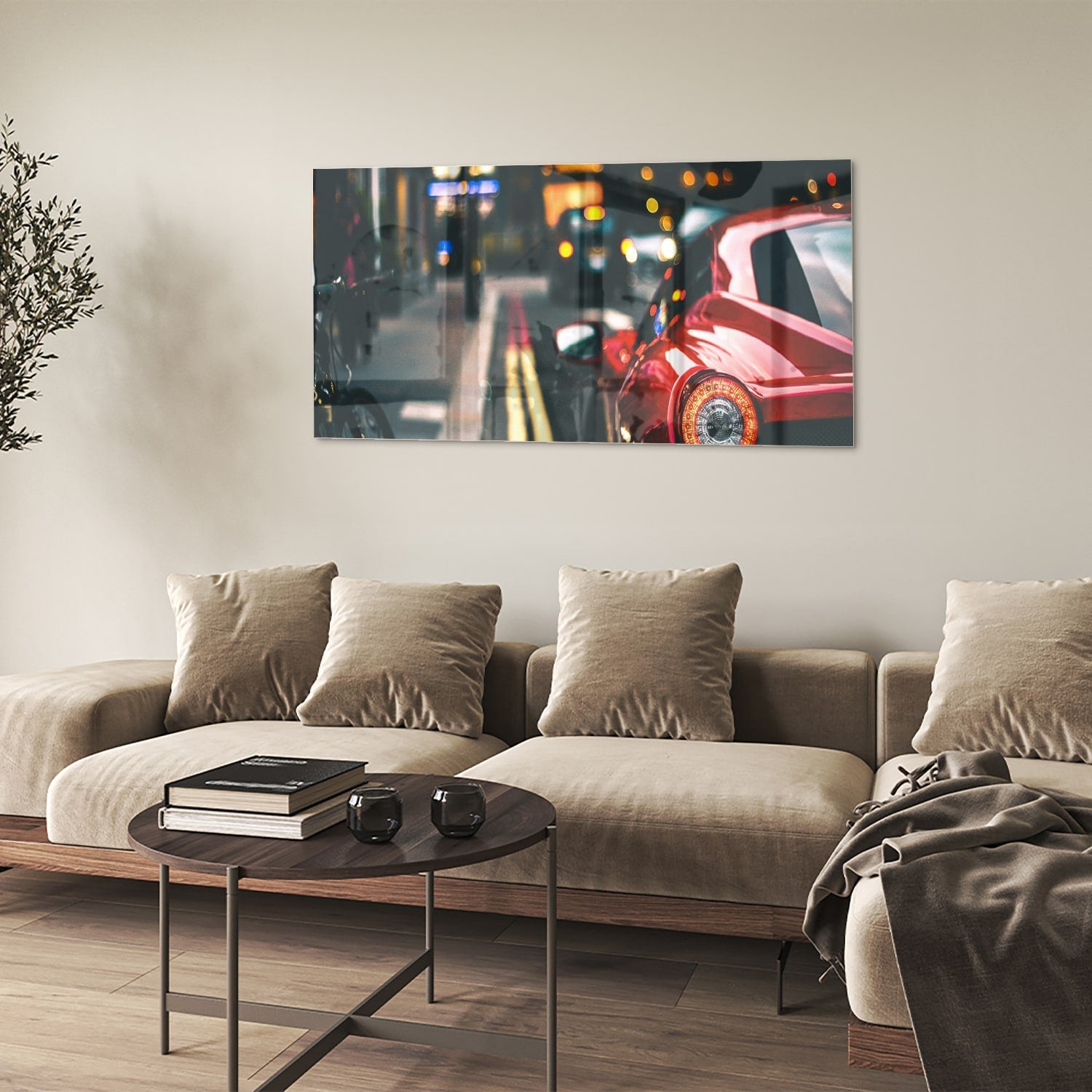 Glazen schilderij van een rode auto in een stedelijke omgeving