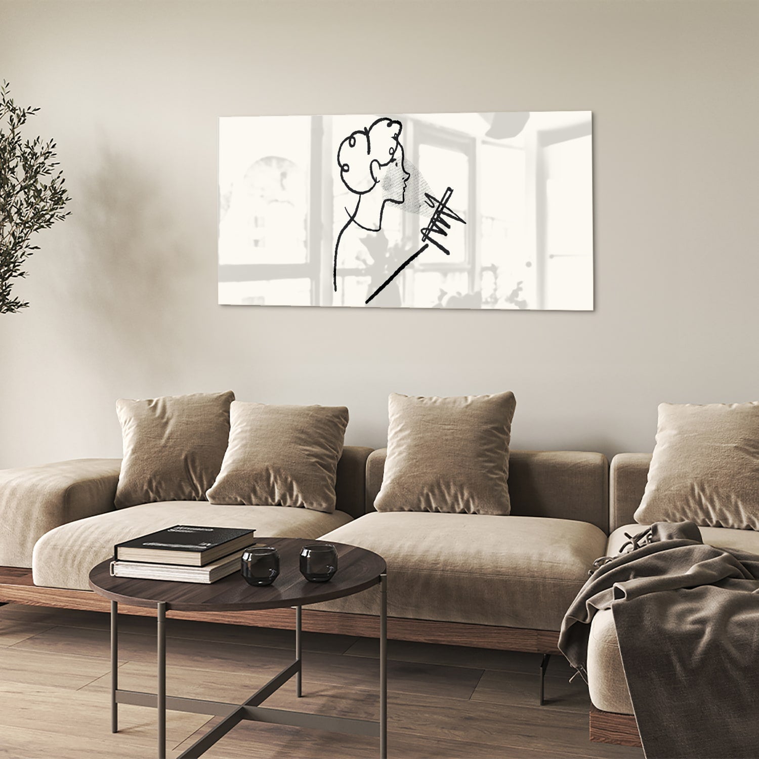 Minimalistisch glazen schilderij met abstracte lijntekening van een figuur.