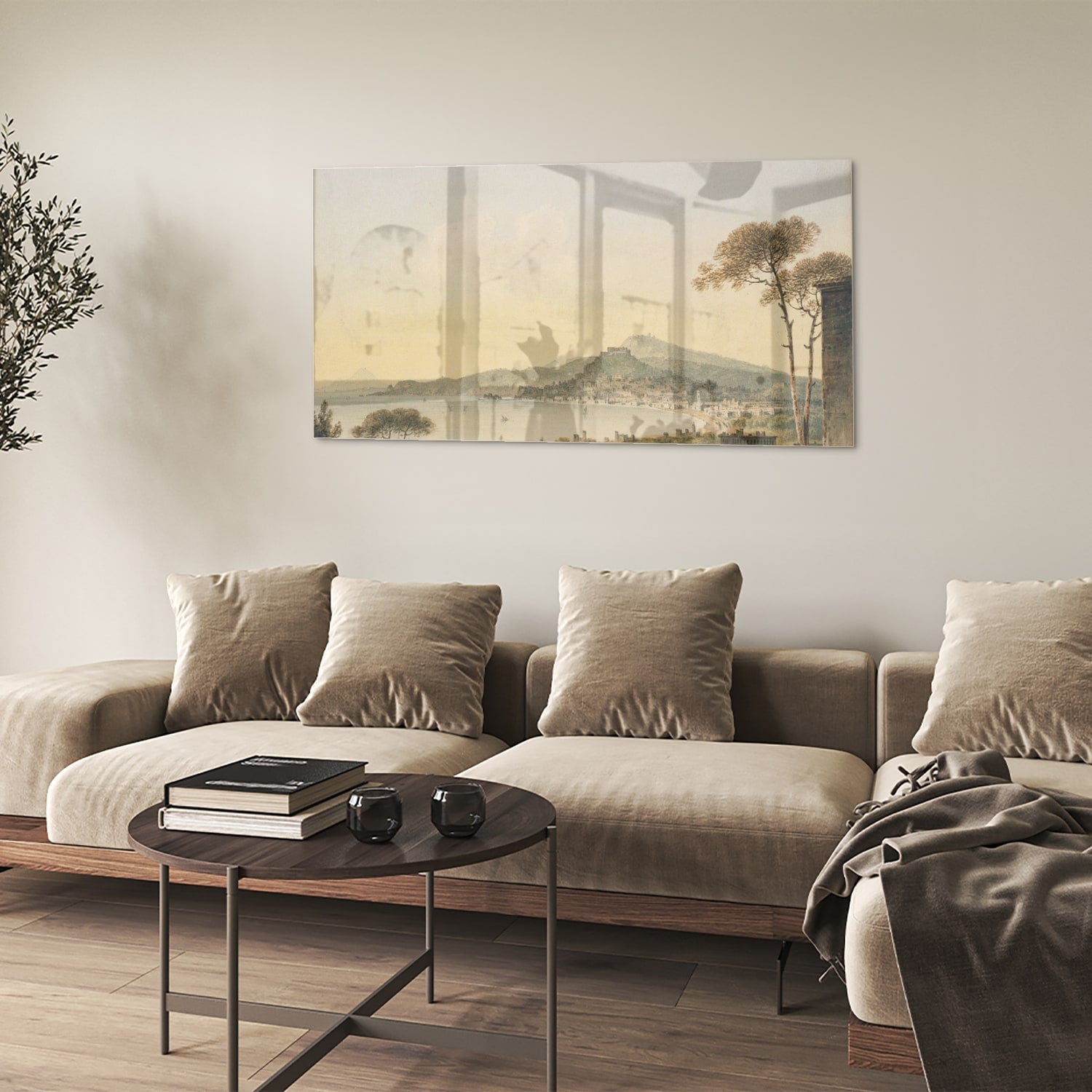 Glazenschilderij van een rustiek landschap met bergen en zonsopgang.