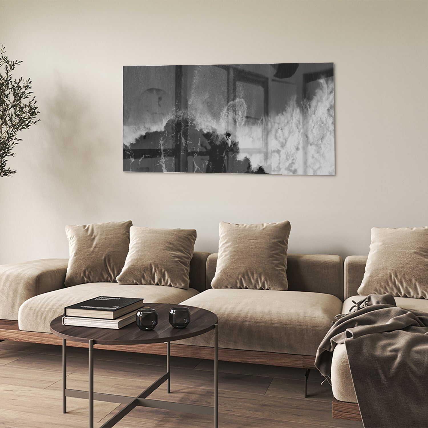 Abstract glazen schilderij in zwart-wit, perfect voor moderne interieurs.