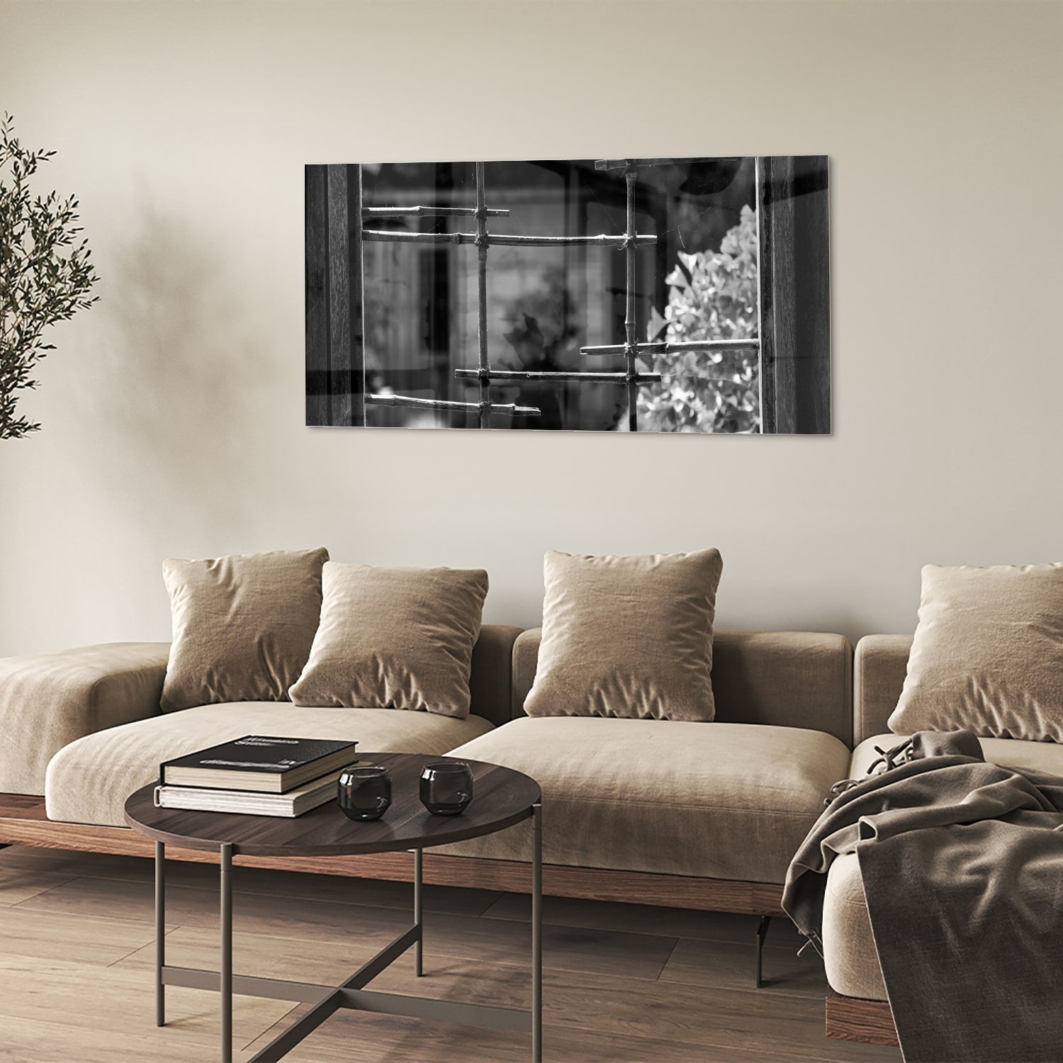 Glazen schilderij met chique raamuitzicht in een moderne woonkamer