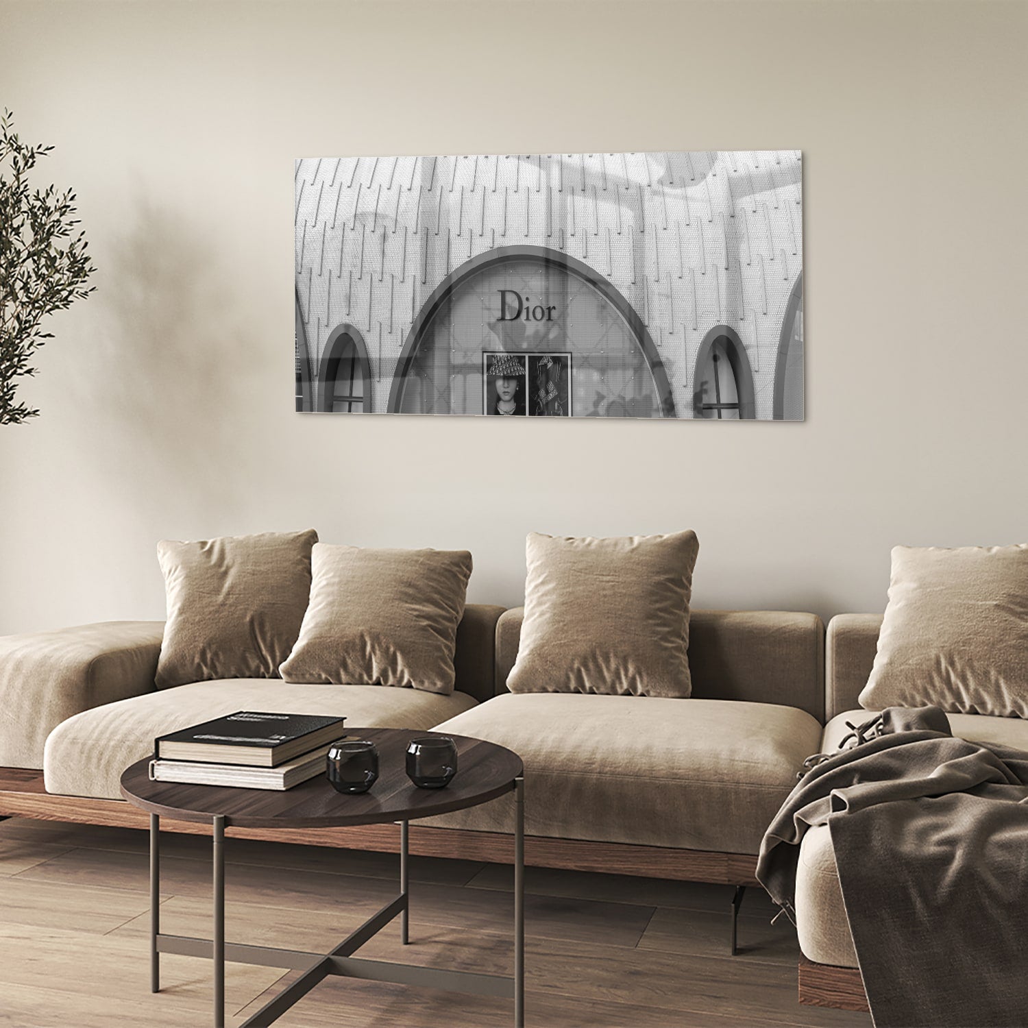 Glazen schilderij van de Dior etalage in zwart-wit, perfect voor interieurdecoratie