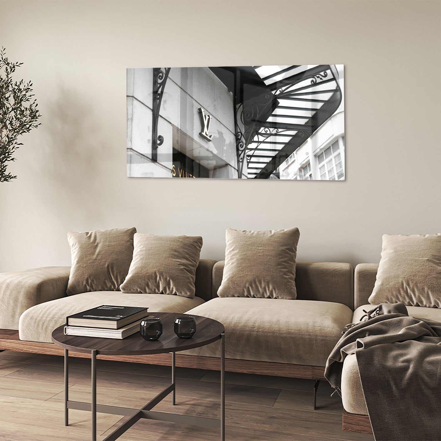 Glazen schilderij van luxe boetiek in zwart-wit, perfecte wanddecoratie.