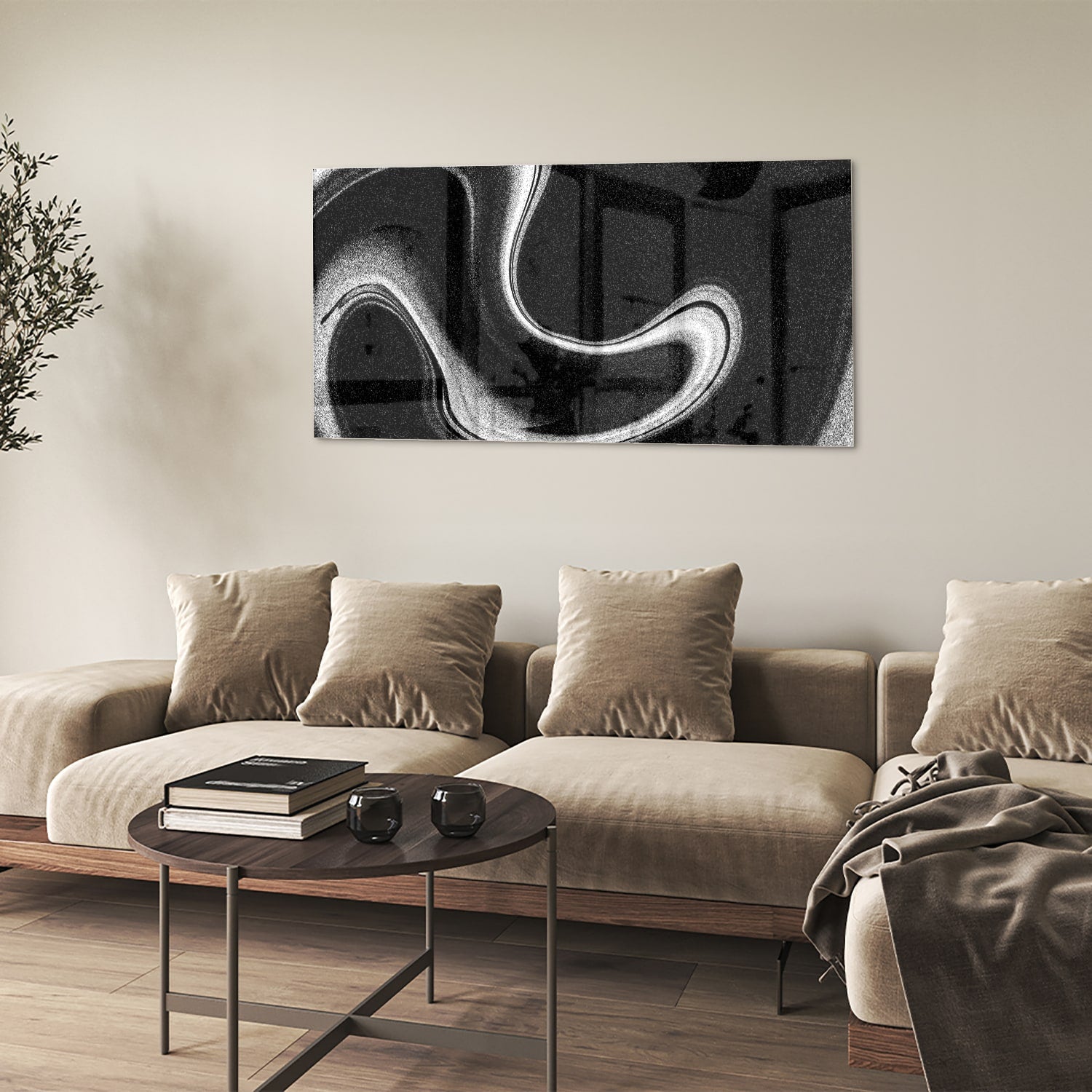 Zwart-wit glazen schilderij met abstracte golven, geschikt voor moderne interieurs.