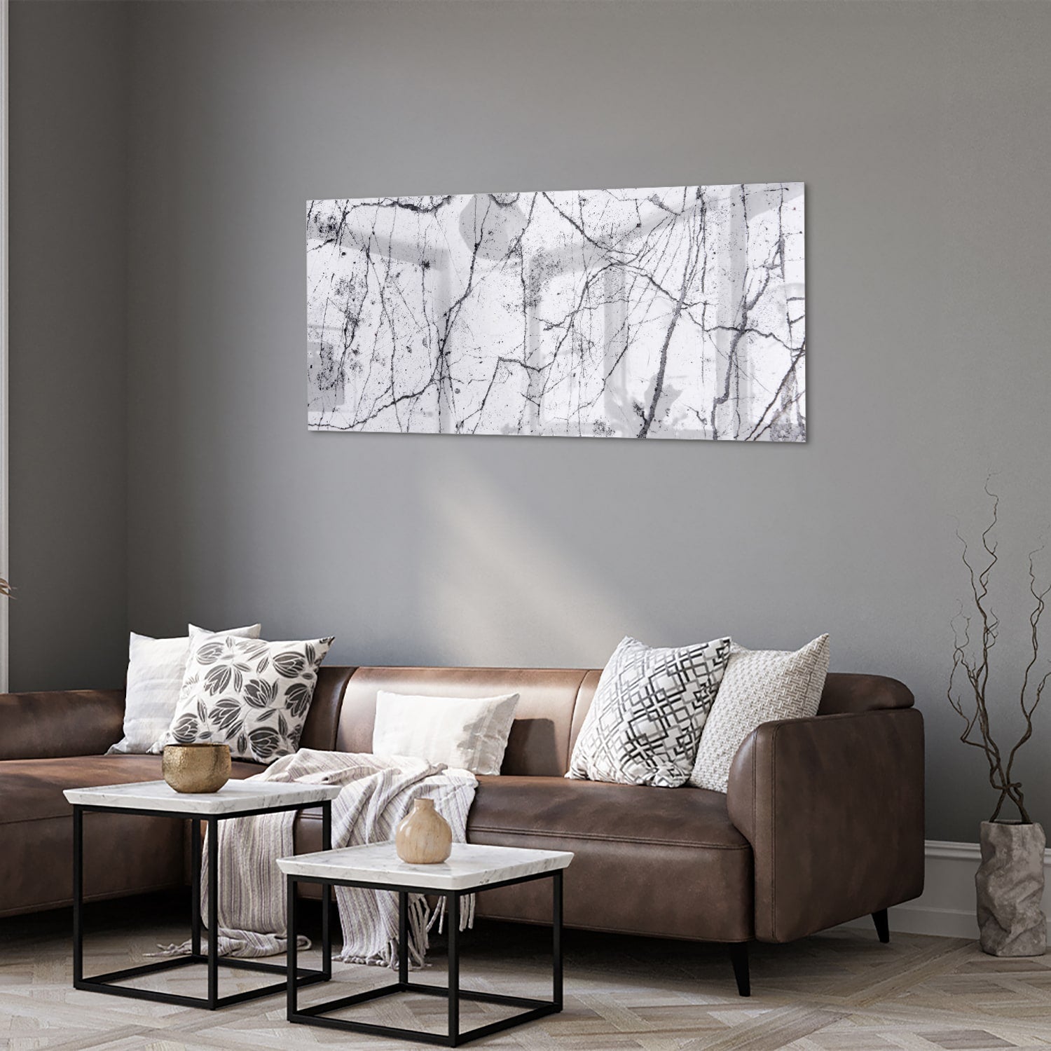 Abstract glazen schilderij met takkenstructuur in zwart-wit