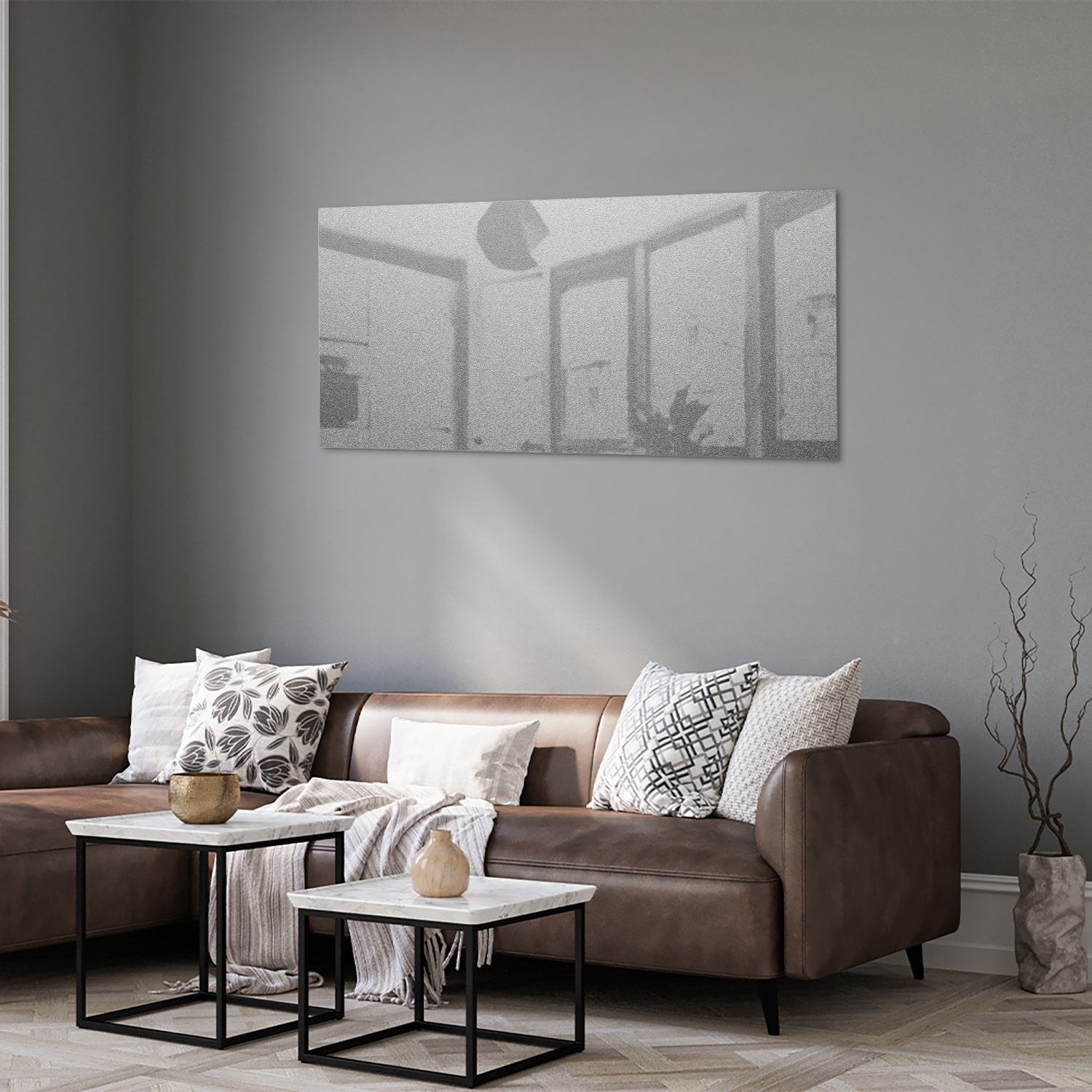 Minimalistisch glazen schilderij met reflecties, ideaal voor een modern interieur