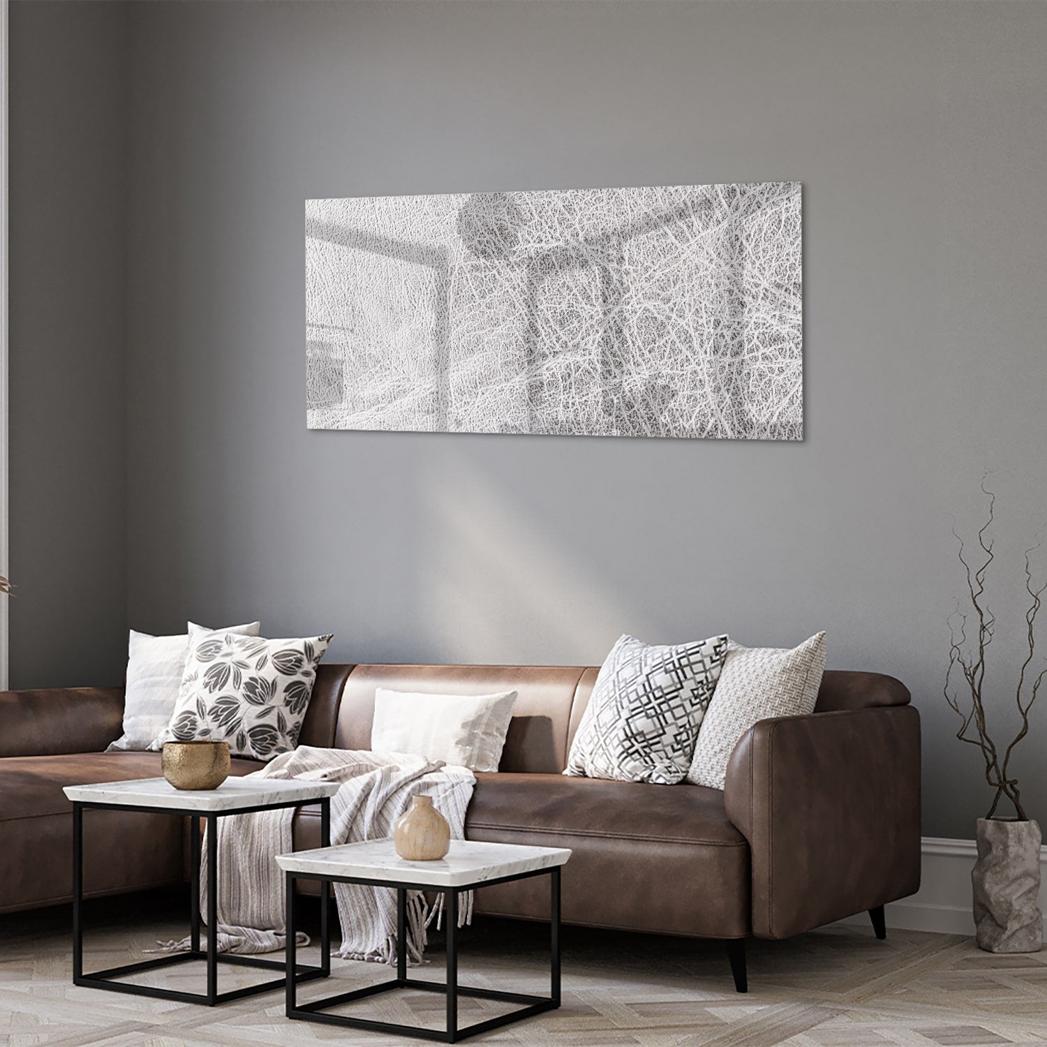 Een abstract glazen schilderij met lijnen, perfect voor moderne interieurs.