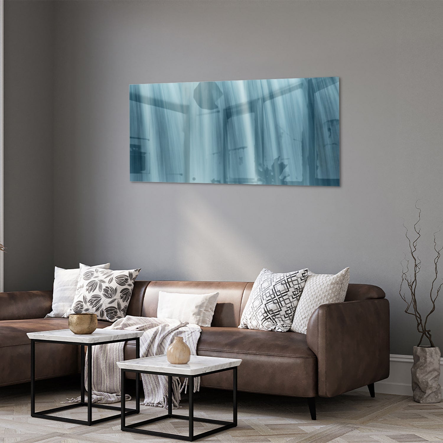 Glazen schilderij van watervallen in heldere blauwtinten, prachtig voor in huis.