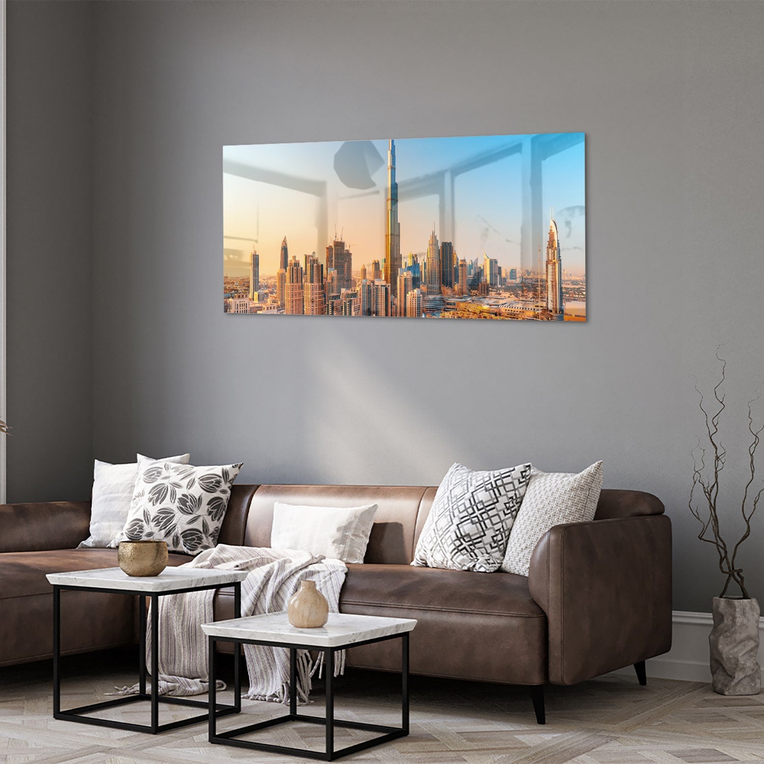 Glazen schilderij van de skyline van Dubai met Burj Khalifa tijdens zonsondergang